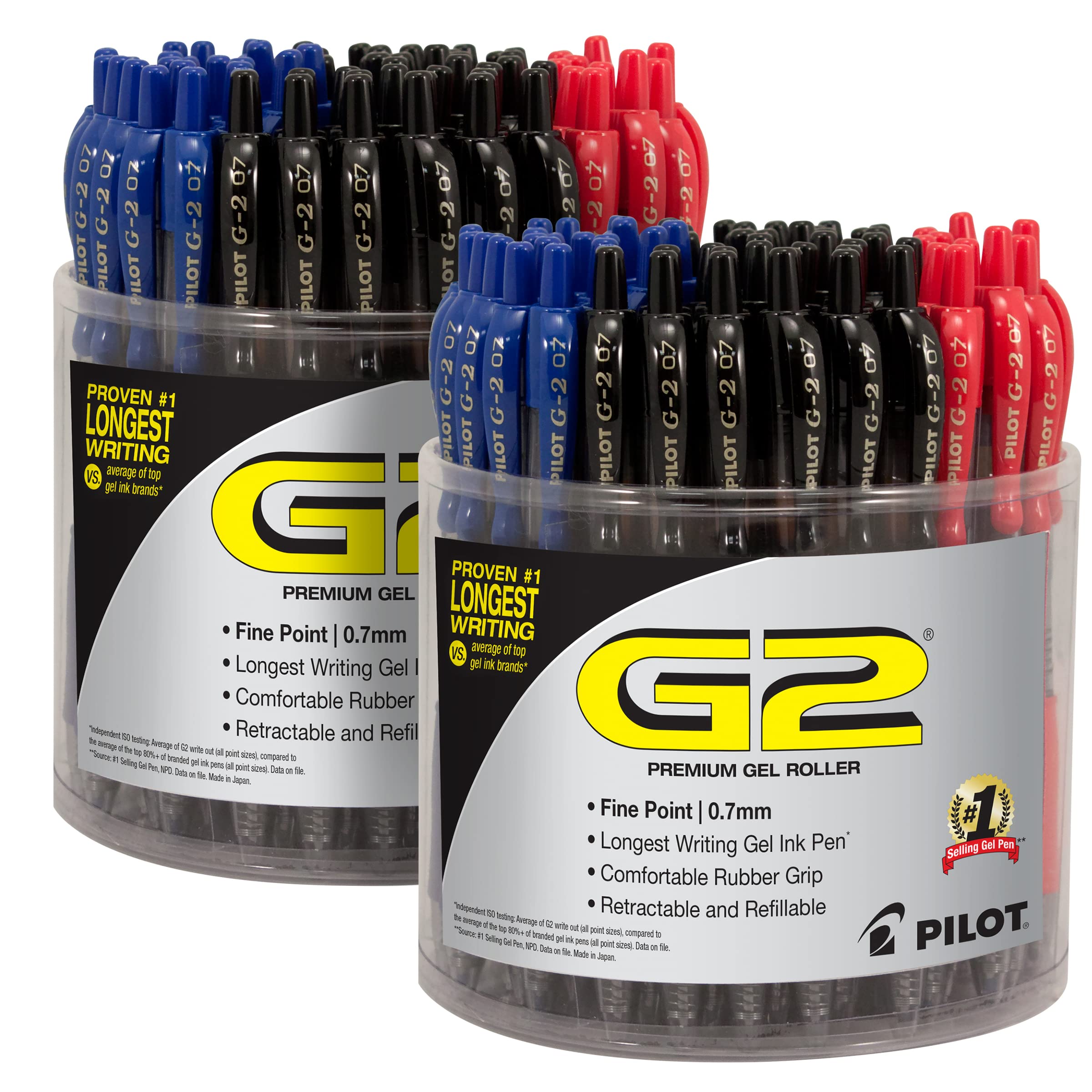Pilot G2 Premium Gel Roller Pens - 0.7mm Fine Point (Black, Blue, Red) - 144-Piece Bulk Pack (2 Tubs) - Ideal for Office, School & Home Use