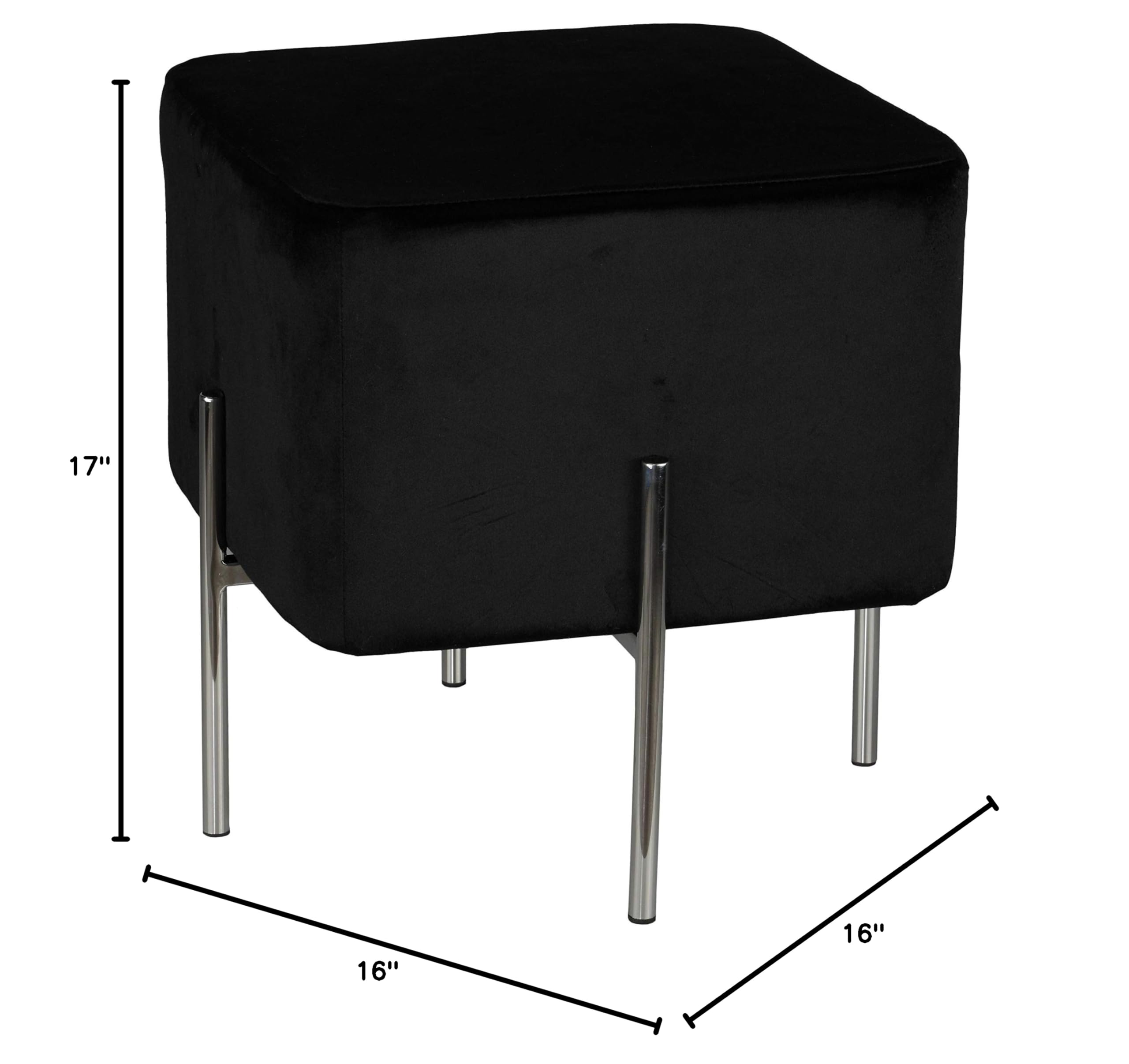 Cortesi Home Zane Contemporary Cube Ottoman with Metal Legs - Black Velvet Upholstery, 16 Inch Modern Footstool | Perfect for Living Room, Bedroom & Office Decor (CH-OT165512)