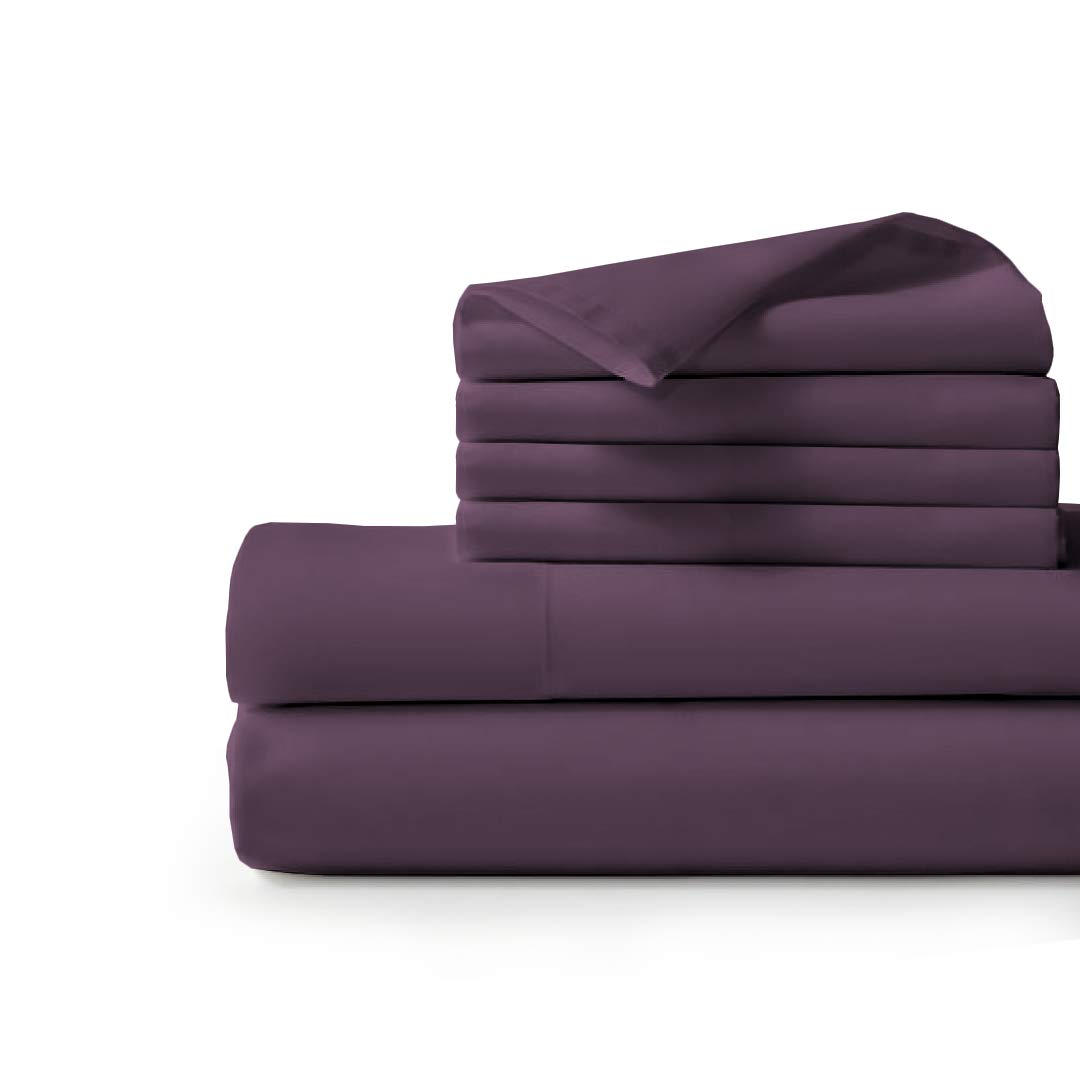 Luxury 100% Egyptian Cotton 6-Piece Queen Size Bed Sheet Set - 1000 Thread Count, Ultra Soft (1 Fitted Sheet, 1 Flat Sheet, 4 Pillowcases) in Plum Solid Color - Perfect for Master Bedroom, Guest Room & Hotel Luxury Bedding