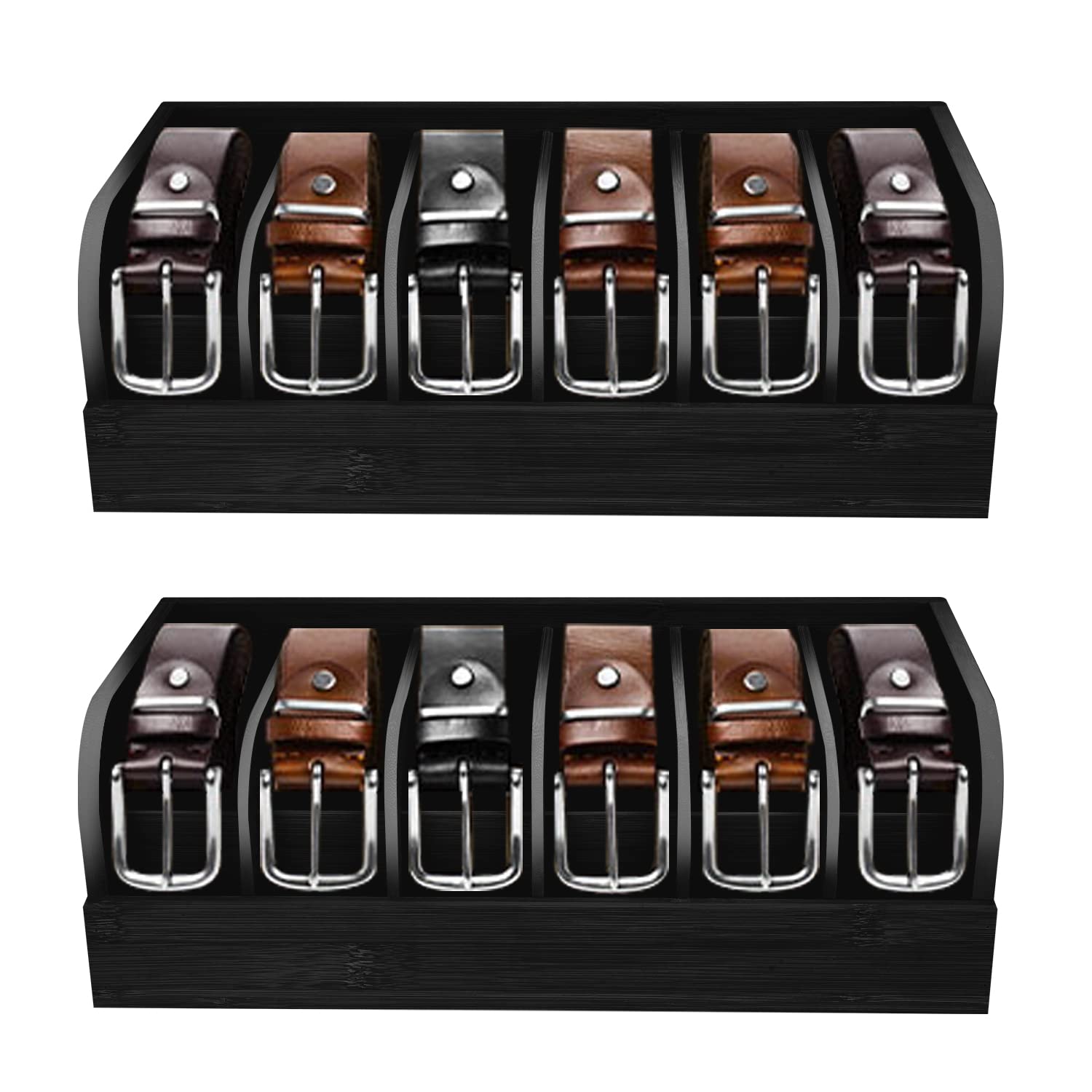 GTI Belt Organizer - 2 Pack 6-Compartment Bamboo Belt & Tie Storage Case for Closet & Drawer - Men's & Women's Belt Holder Organizer (Black) - Perfect for Home, Office & Travel Organization