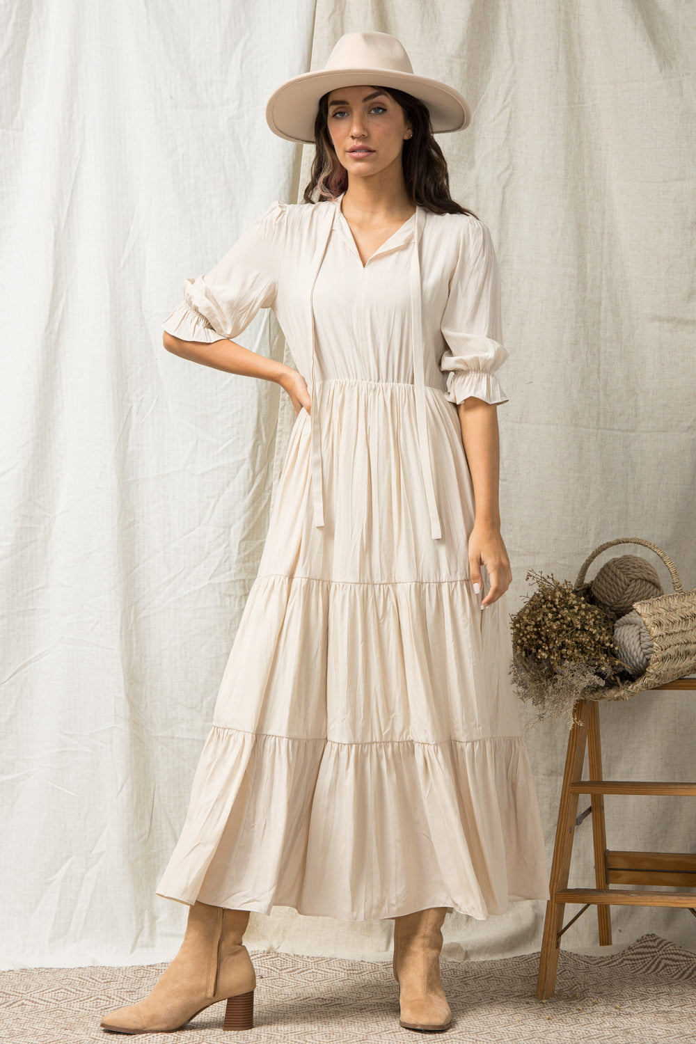 Elegant Maxi Dress with Mock Neck & Self-Tie Detail in Cream - Perfect for Summer Weddings, Beach Vacations & Casual Outings