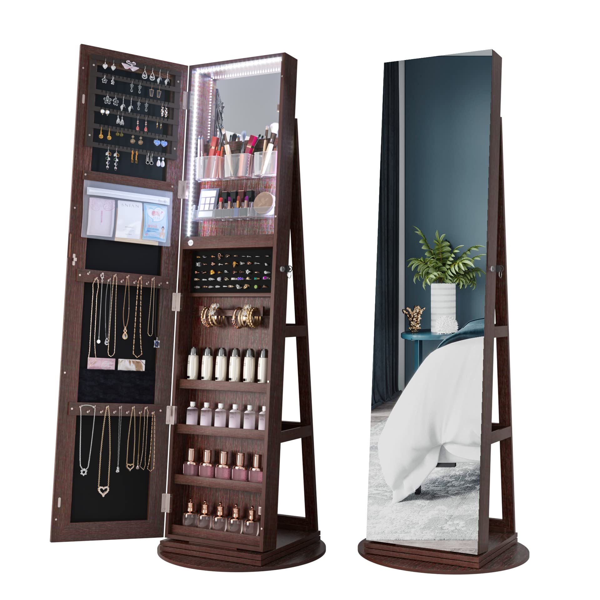 360° Rotating LED Jewelry Organizer Mirror with Storage - Full Length Jewelry Cabinet Armoire with Door Mirror, Large Jewelry Box Organizer (Brown) - Perfect for Bedroom, Closet & Dressing Room Organization