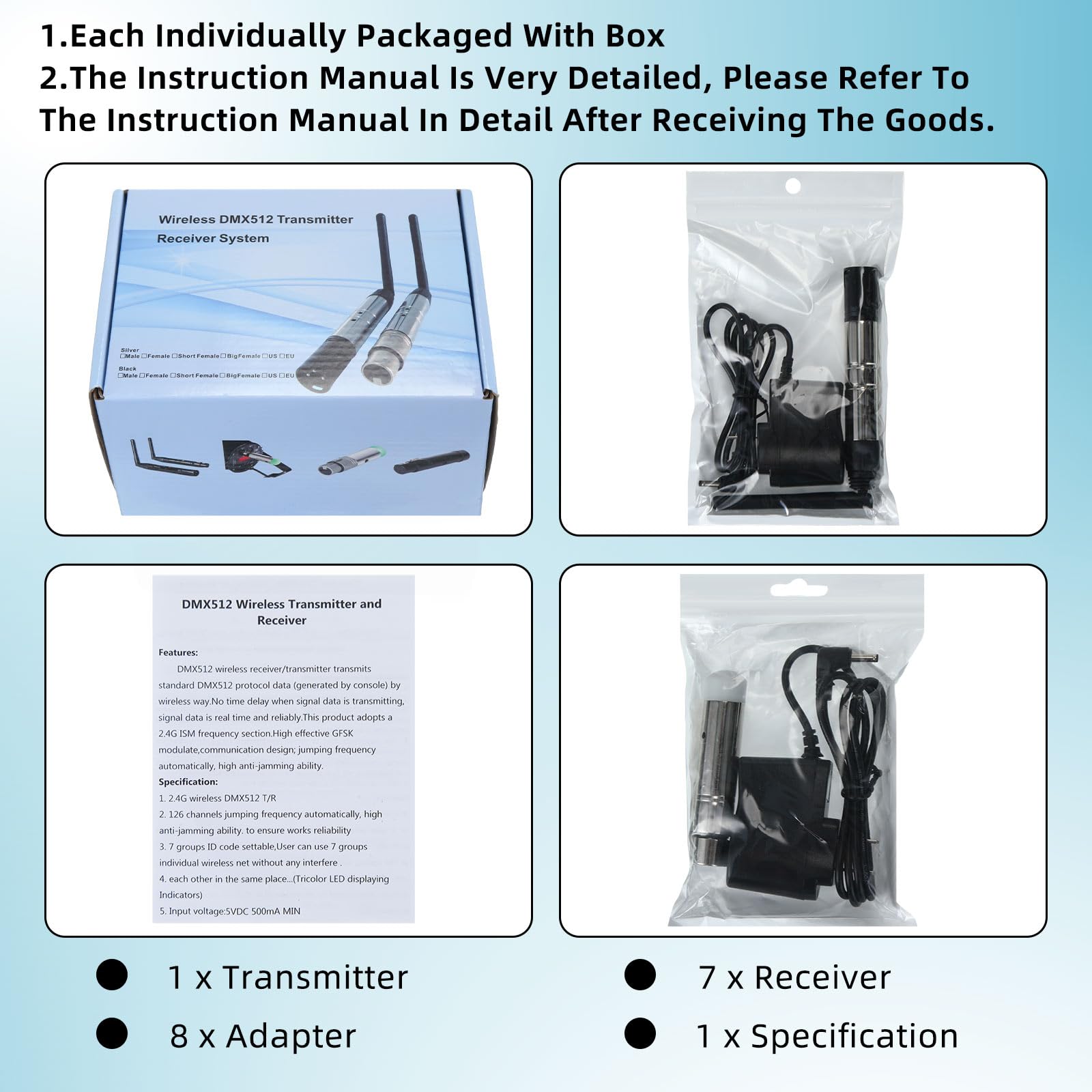 8 Pcs Wireless DMX 512 Transmitter and Receiver Kit - 2.4GHz DJ Lighting Controller for LED Stage Lights, Disco Party & Bar Lighting - Perfect for DJ Shows, Concerts, Nightclubs and Event Lighting Systems