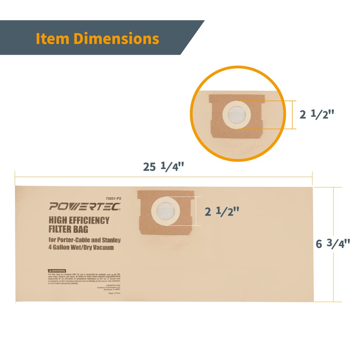 **POWERTEC 25-1238 Vacuum Bags 6PK - Compatible with Stanley AT25-1238, Porter Cable PCX18301-4B & SL18301-3B - 4 Gallon Replacement Dust Bags for Shop Vacuums (75051-P2) - Ideal for Woodworking, Construction & Home Cleaning**