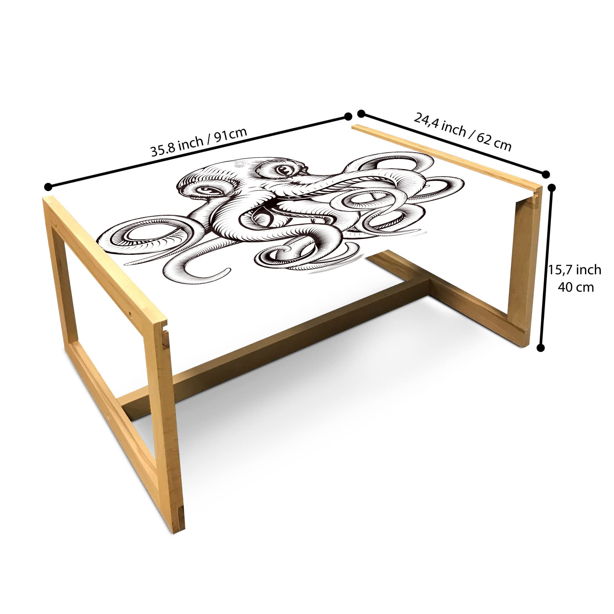 Ambesonne Octopus Coffee Table - Woodblock Style Monochrome Art, Acrylic Glass Top with Wooden Frame, Large Brown & White Center Table for Living Room, Office, Dorm | Unique Home Decor, Modern Furniture for Small Spaces