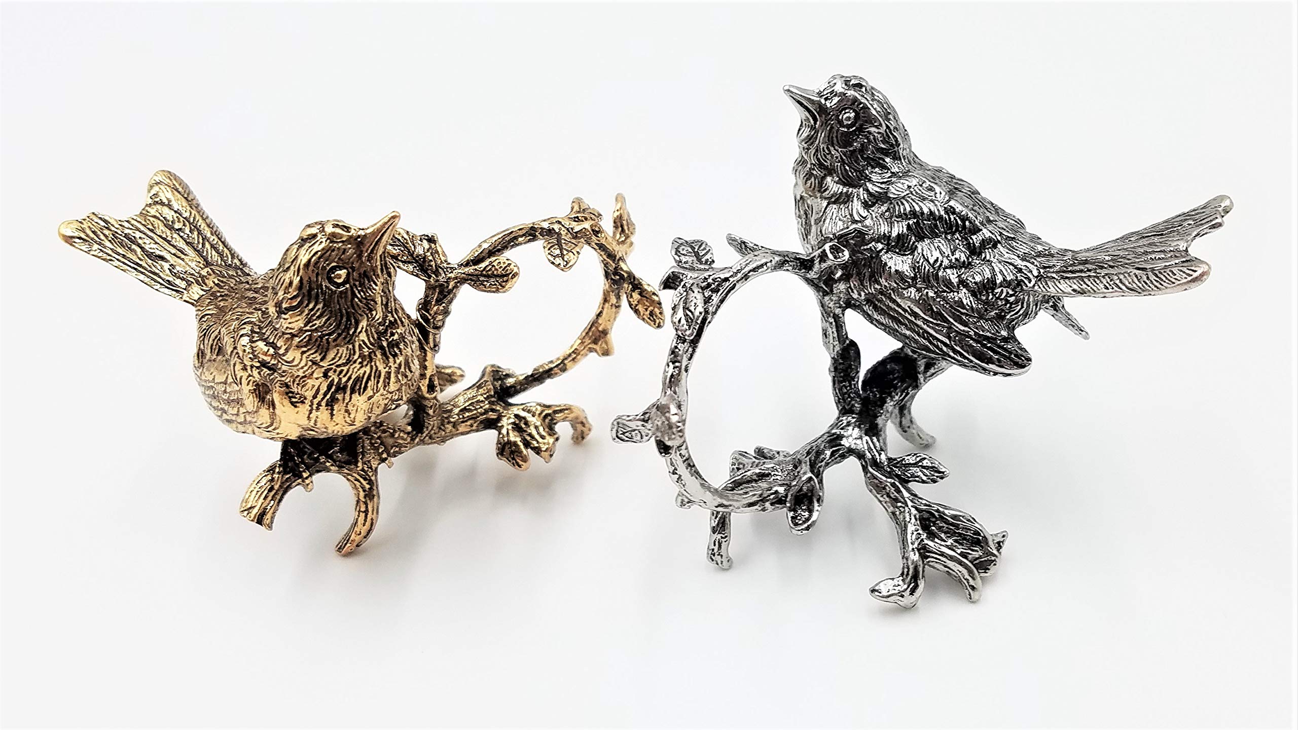 Antique Gold Metallic Napkin Rings Set of 4 - Bird & Circular Branch with Leaves Design - Elegant Tableware for Dinner Parties, Weddings, and Holiday Place Settings