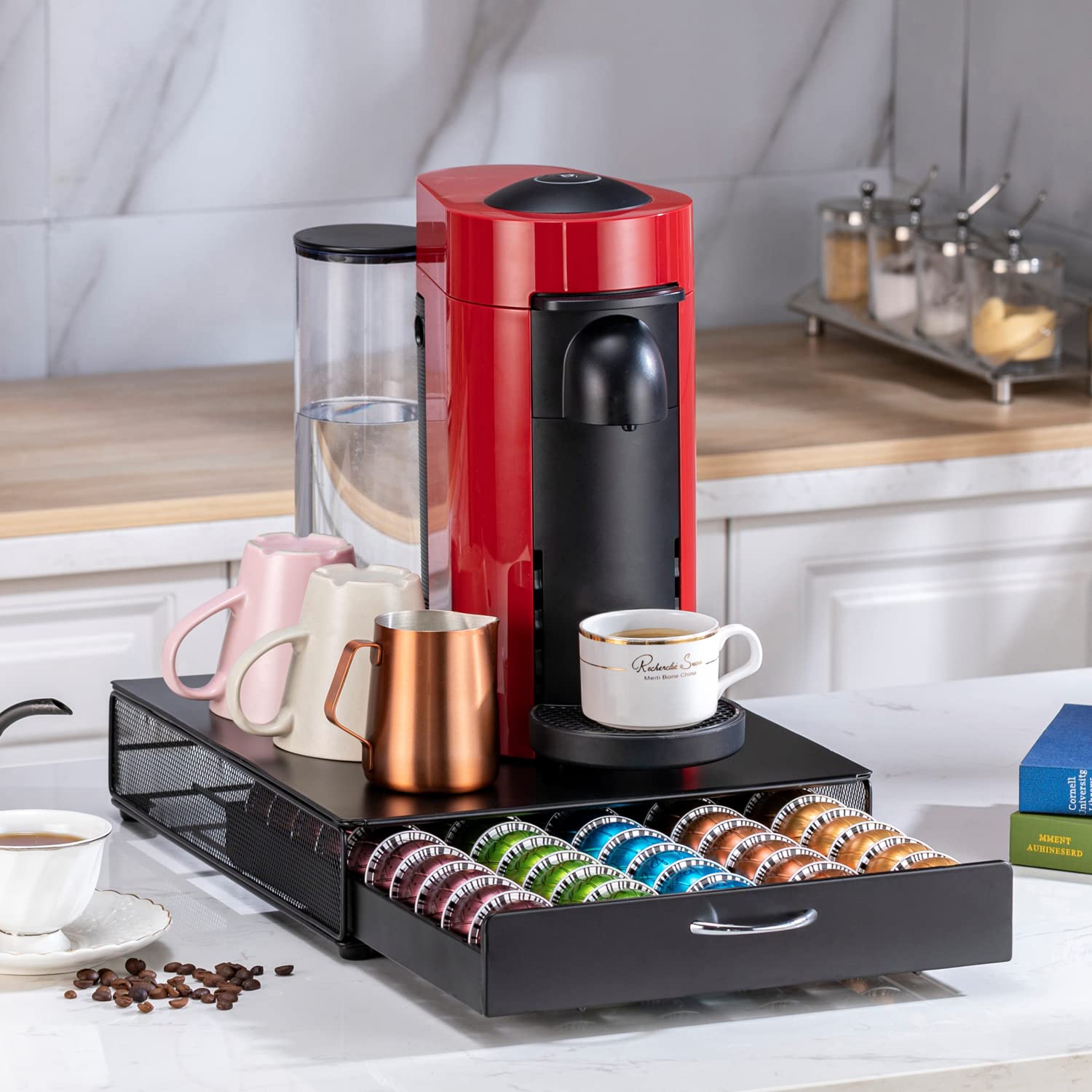 Premium Nespresso Vertuo Pod Holder - 50-Capacity Black Metal Coffee Pod Organizer & Stand for Espresso Machine | Modern Design for Kitchen & Office Use