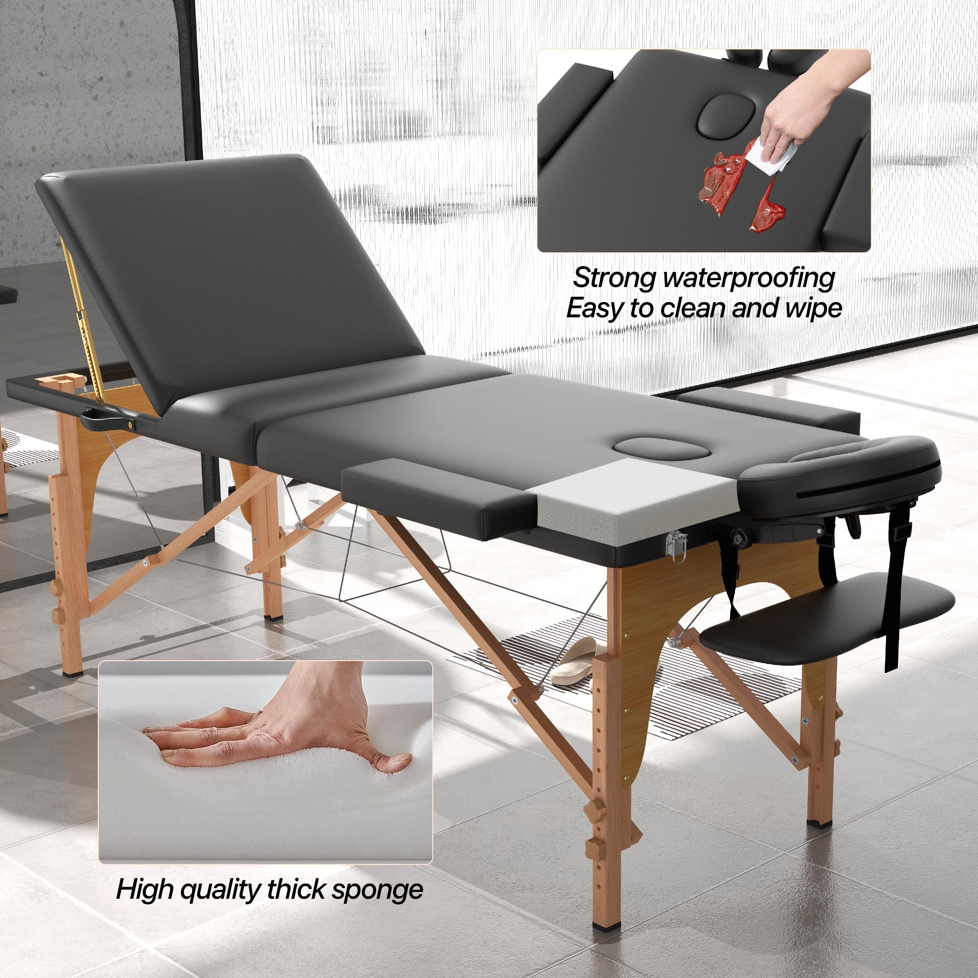 Portable 3-Section Foldable Massage Table - Adjustable Height Tattoo & Lash Spa Bed with Face Cradle - Lightweight Wood Frame Salon Bed for Home & Professional Use - Perfect for Massage Therapists, Tattoo Artists & Beauty Salons (Black)