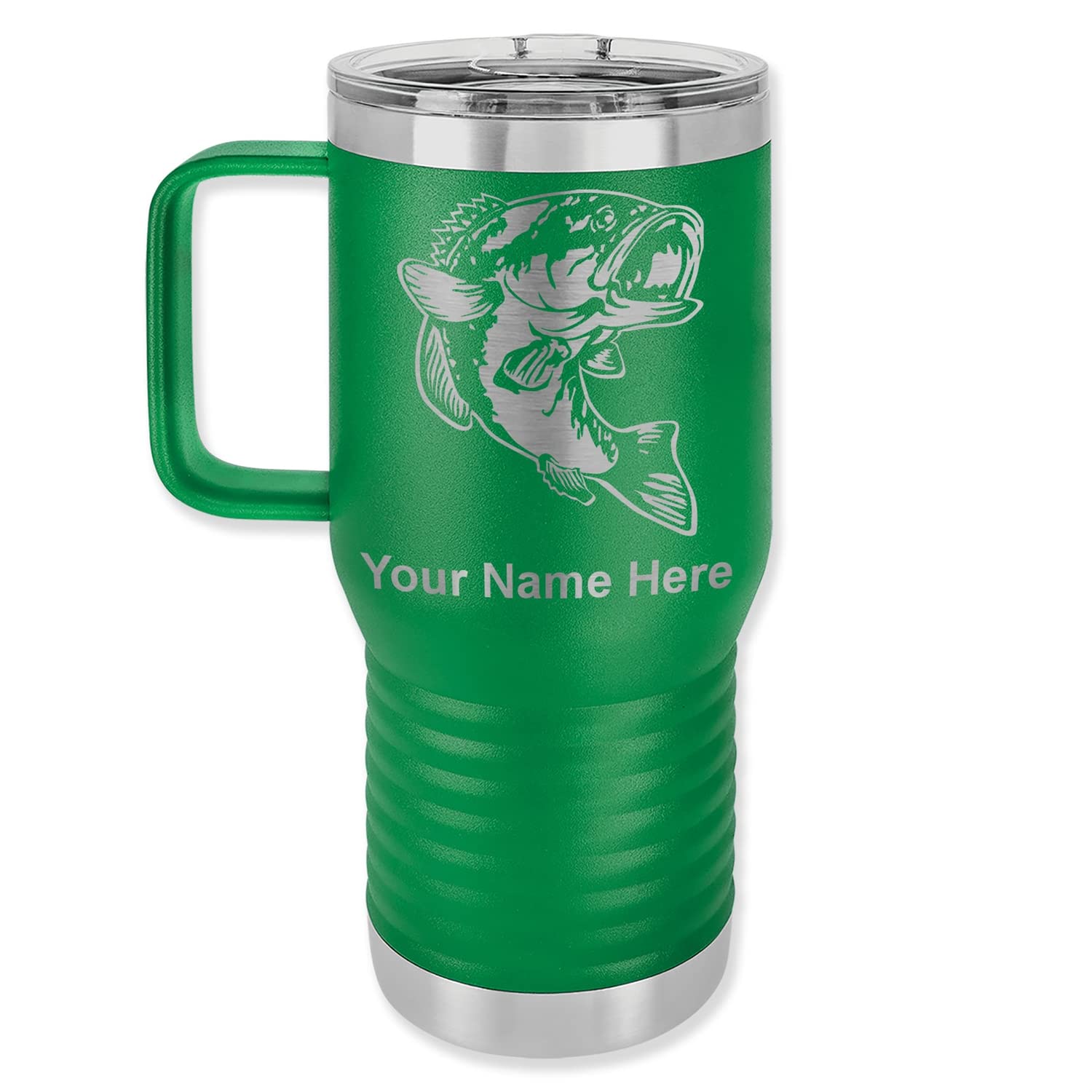 LaserGram 20oz Vacuum Insulated Stainless Steel Travel Mug with Handle - Personalized Bass Fish Engraving, Leak Proof Coffee Thermos for Camping, Hiking & Office (Green)