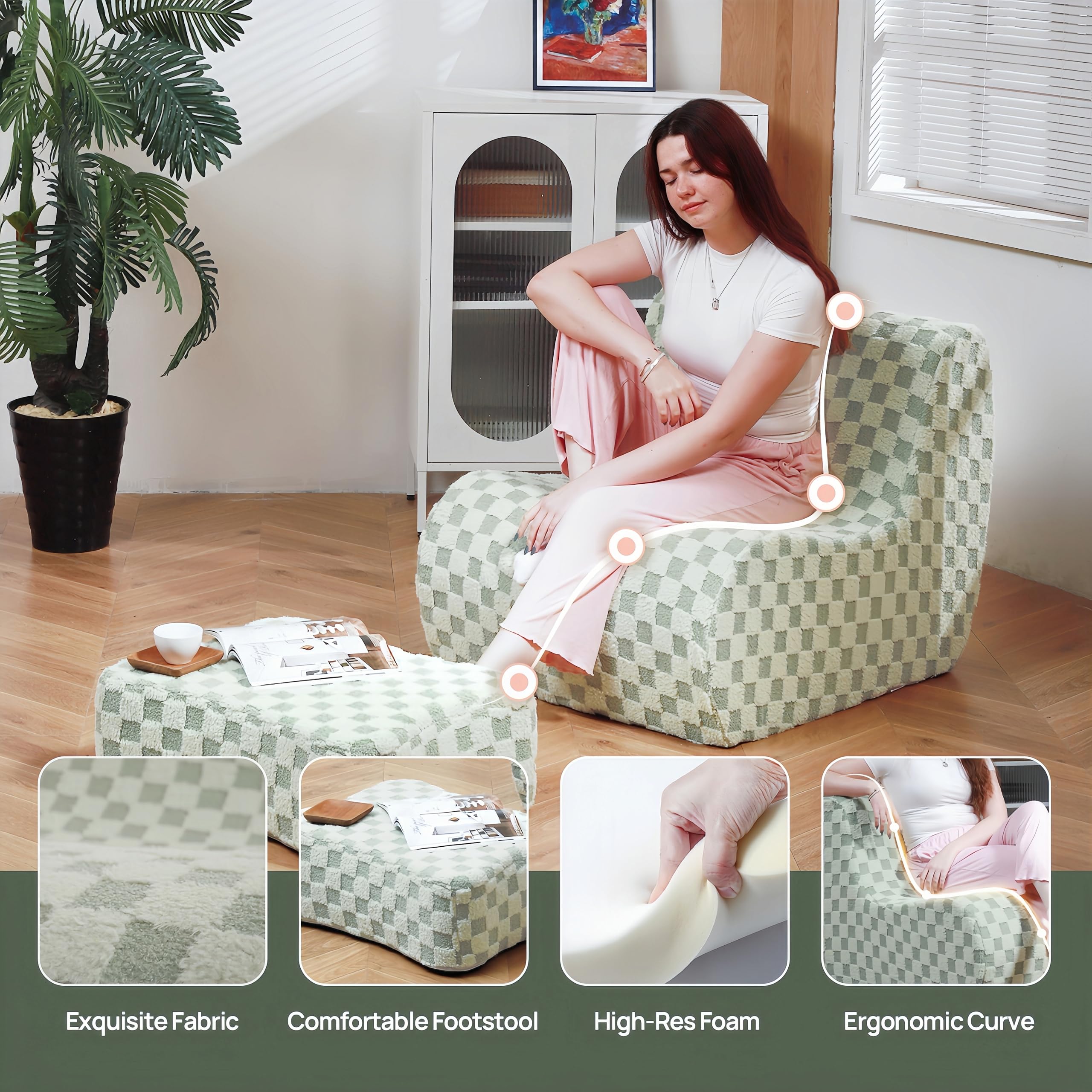 Comfortable Bean Bag Chair with Footstool - Modern Lazy Sofa Chair for Adults, Cozy Floor Seating for Living Room & Bedroom - Mint Green - Perfect for Relaxing, Gaming, and Movie Nights