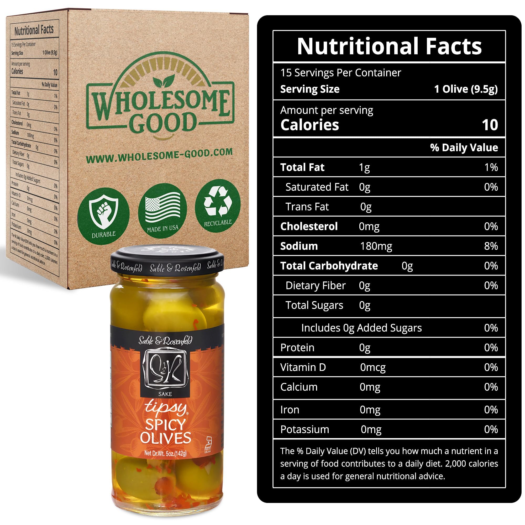 Spicy Green Olives Stuffed with Pimento in Sake - Premium Cocktail Garnish for Martinis, Bloody Marys & Charcuterie Boards - Sable & Rosenfeld Tipsy Olives - 5 Oz (Pack of 3) - Perfect for Home Bars, Parties & Gourmet Gifts