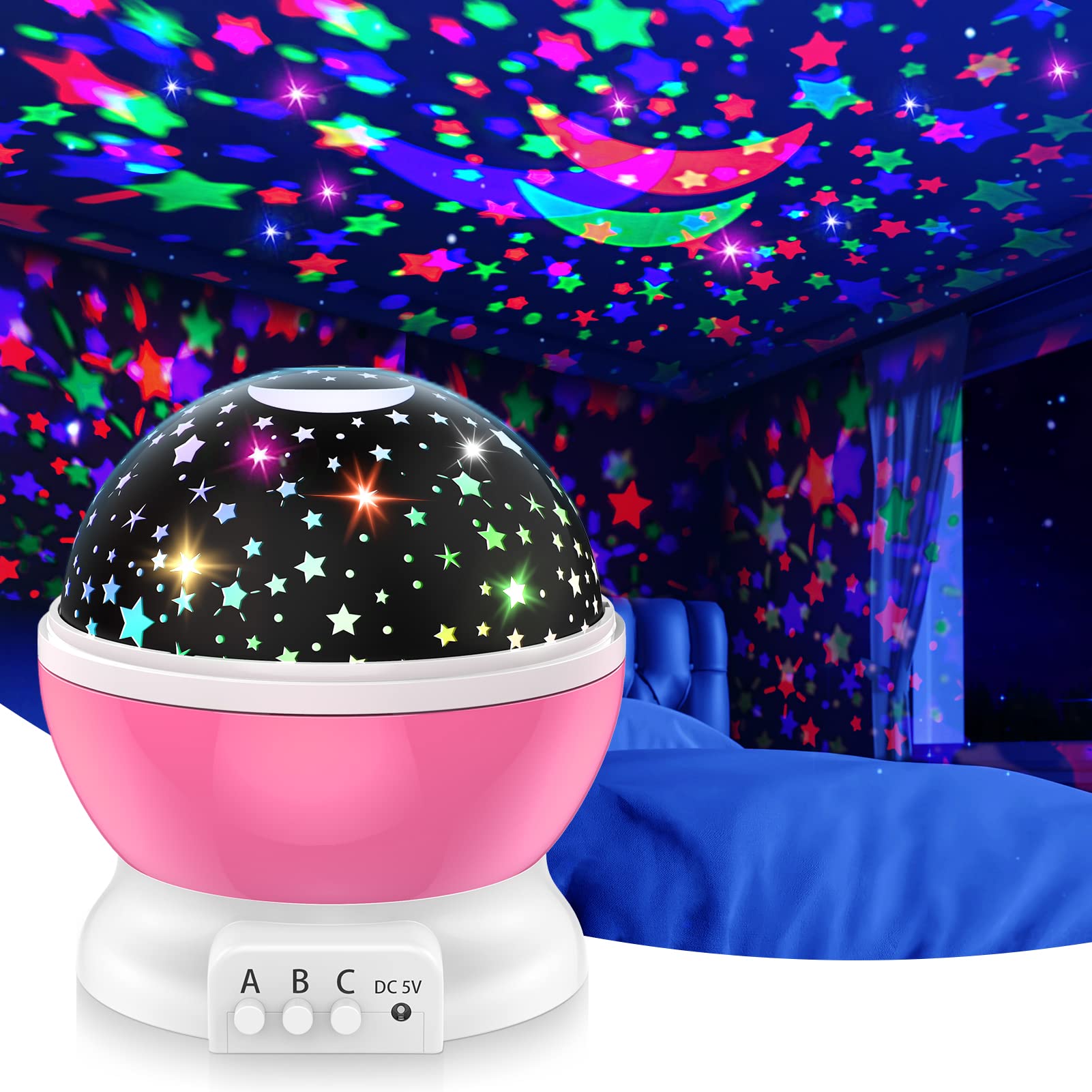 DEVRNEZ Kids Star Night Light Projector - 360° Rotating Moon & Stars Night Light for Nursery, Bedroom | Perfect Gift for 2-12 Year Old Boys & Girls | Birthday Party Decor, Baby Shower Present, Sleep Aid Toy (Pink) - Creates Calming Atmosphere for Bedtime, Relaxation & Sensory Play
