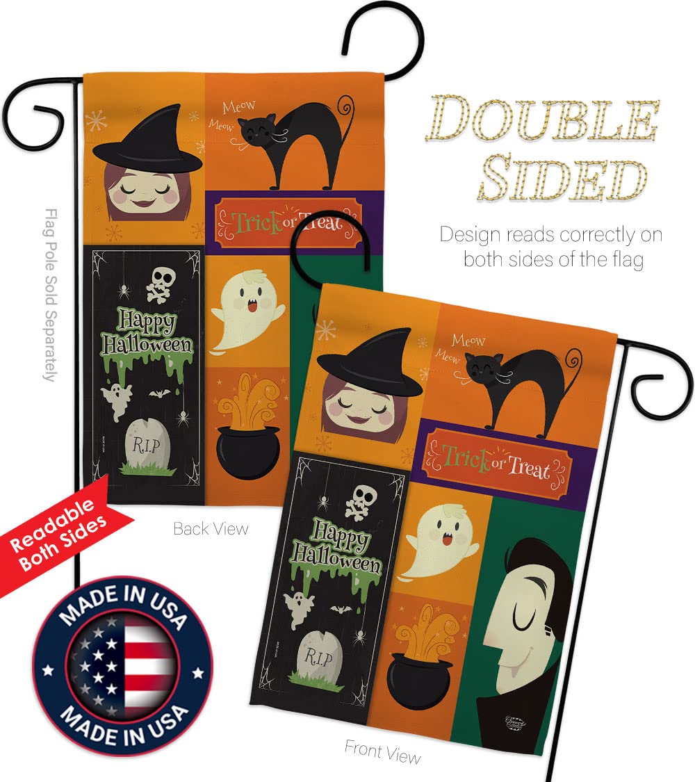 Halloween Trick or Treat Garden Flag Set with Stand - Spooky Witch & Black Cat Decor for Yard