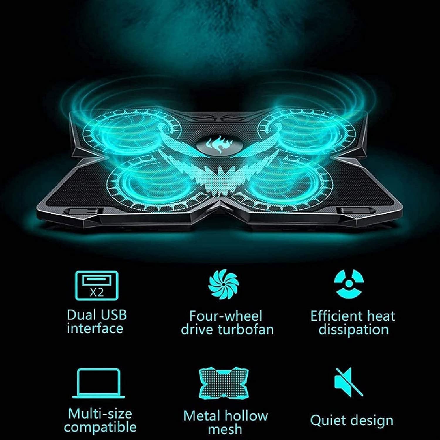 Portable Laptop Cooling Pad with 4 Quiet Fans - Adjustable Stand for 12