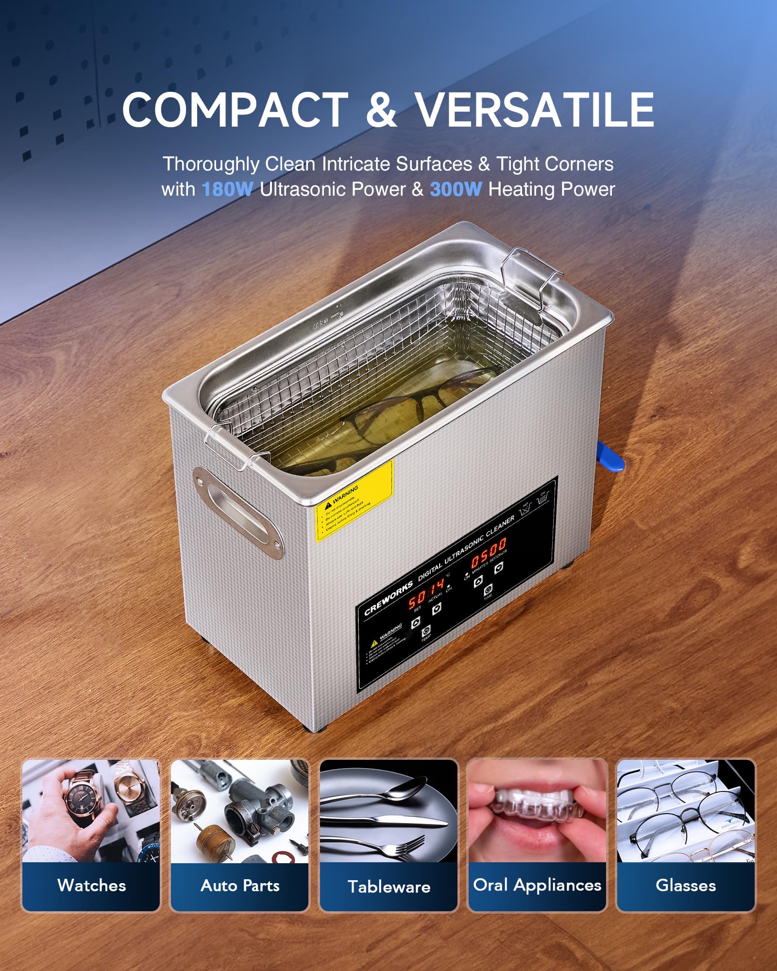 CREWORKS 1.6 Gallon Digital Ultrasonic Cleaner with Heater & Timer - 180W 6L Stainless Steel Jewelry Cleaner for Glasses, Watches, Dentures, Tools - Professional Sonic Cleaning Machine for Home & Commercial Use