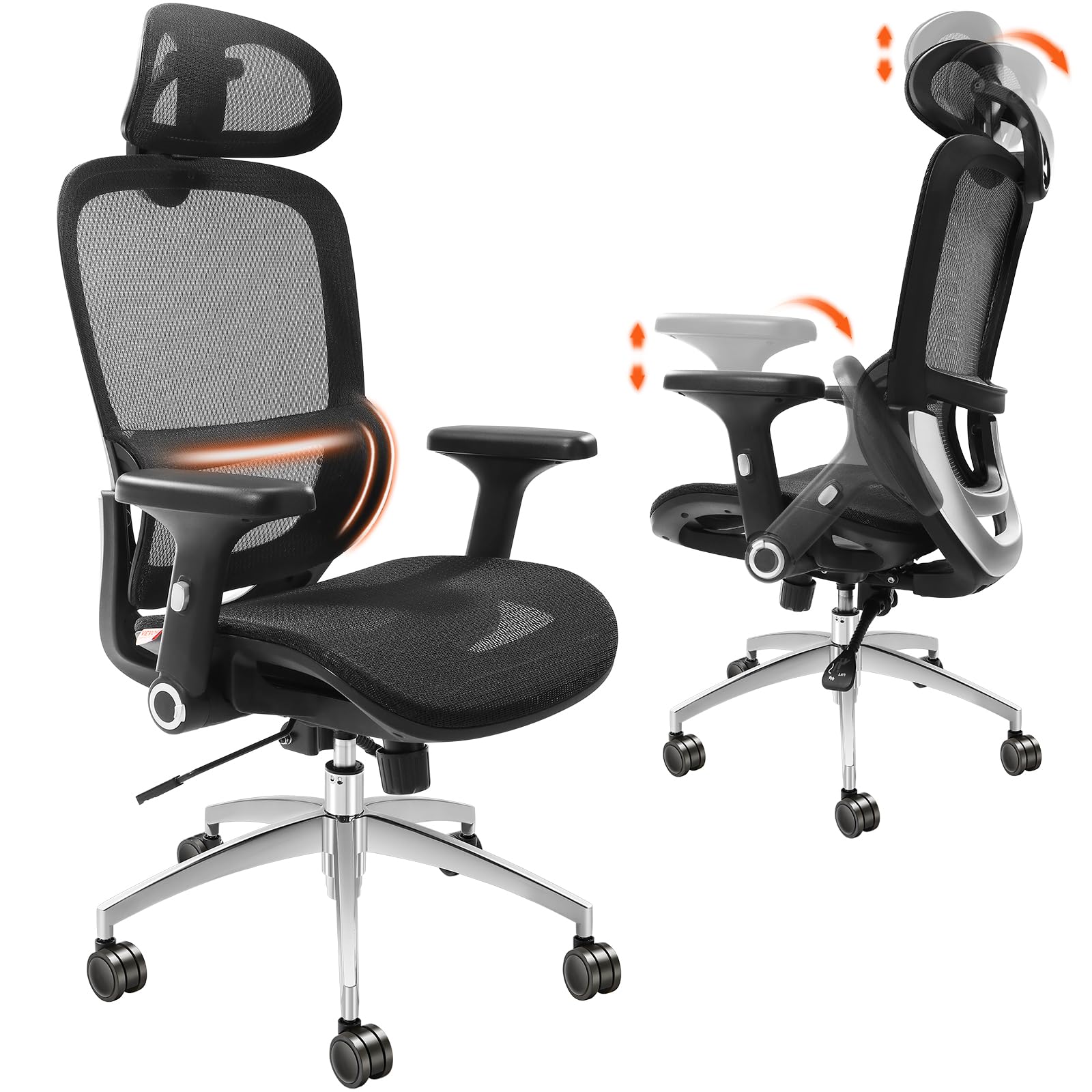 VEVOR Ergonomic Office Chair - High Back Mesh Desk Chair with Adjustable Headrest & Lumbar Support, Rolling Computer Chair for Home & Office Workspaces - Perfect for Long Hours of Comfortable Sitting