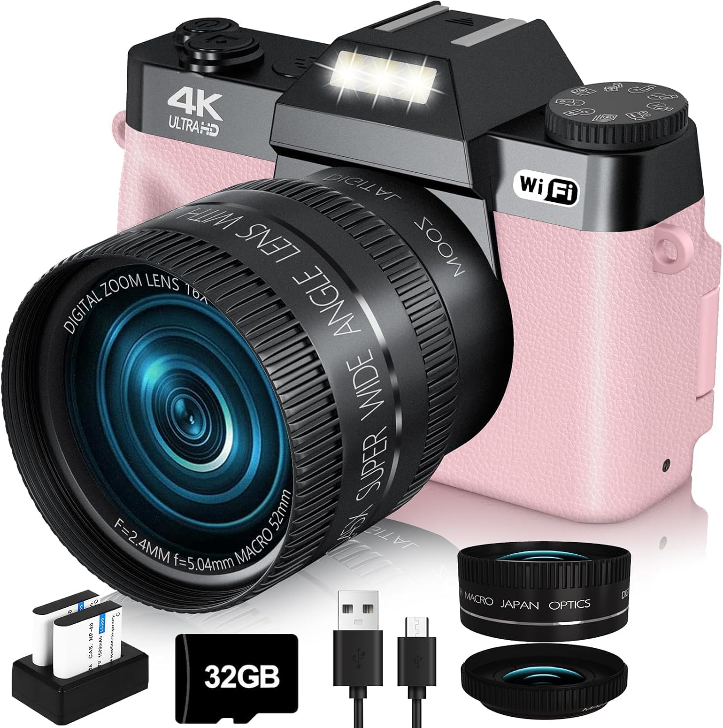 2024 Upgraded VJIANGER 4K 56MP Digital Camera with WiFi - 180° Flip Screen, 16X Zoom, 52mm Lens - Perfect for YouTube Vlogging, Travel Photography & Content Creation (Includes 2 Batteries & 32GB SD Card, Pink)