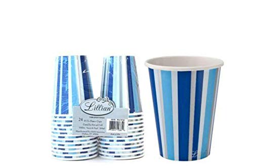 Lillian 24-Piece Twin Stack Paper Cups Set - 9oz Blue Stripe Disposable Cups for Parties, Picnics & Outdoor Events