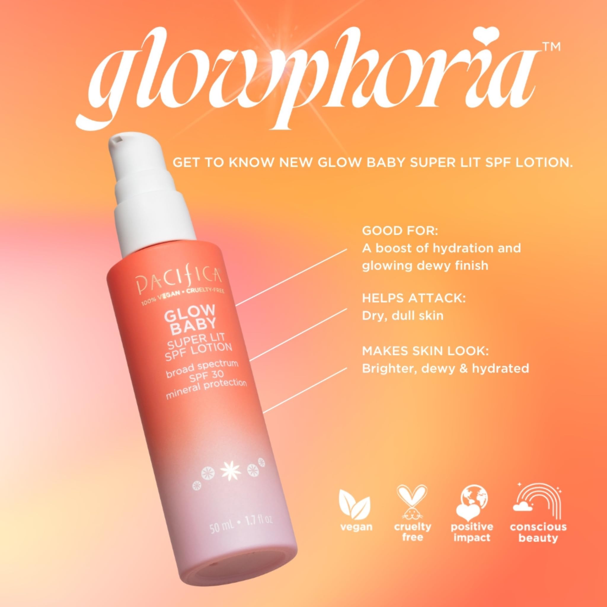 Pacifica Beauty Glow Baby Super Lit SPF 30 Tinted Moisturizer - Broad Spectrum Mineral Sunscreen with Zinc Oxide for UVA/UVB Protection - Vegan Face Lotion for Daily Skincare - 1.7 fl oz (1 Count) | Perfect for Beach Days, Outdoor Activities & Everyday Sun Protection