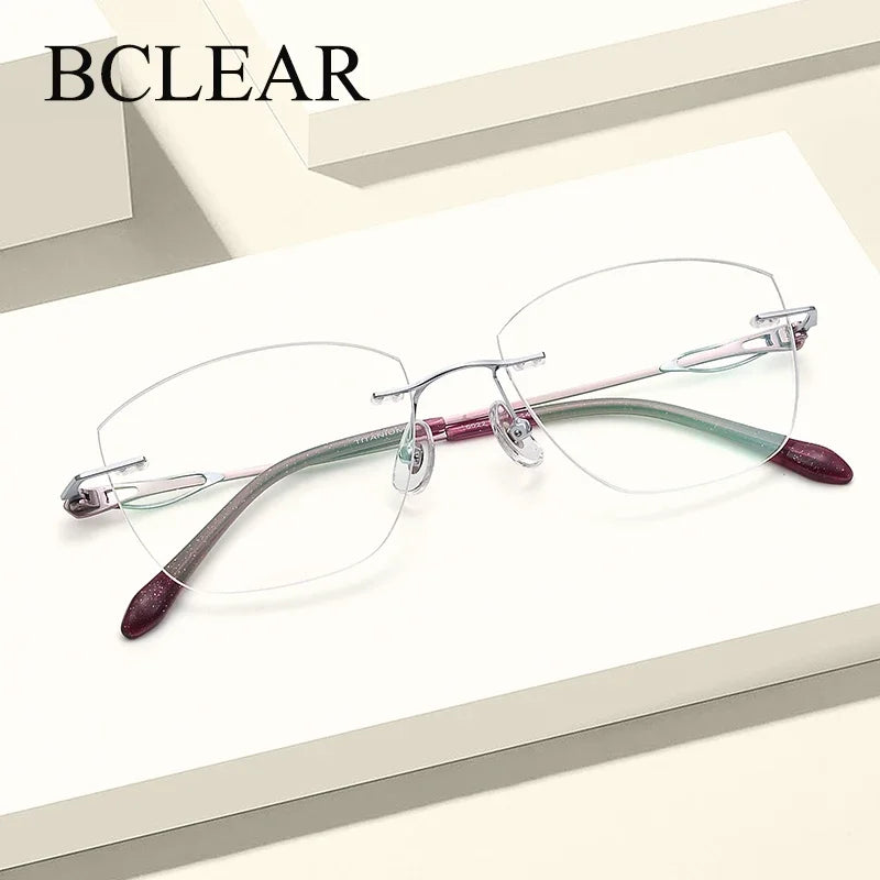 Bclear Women's Rimless Square Cat Eye Titanium Eyeglasses Frame - Lightweight & Durable Titanium Alloy Glasses for Women, Perfect for Reading, Working, and Fashion Accessories