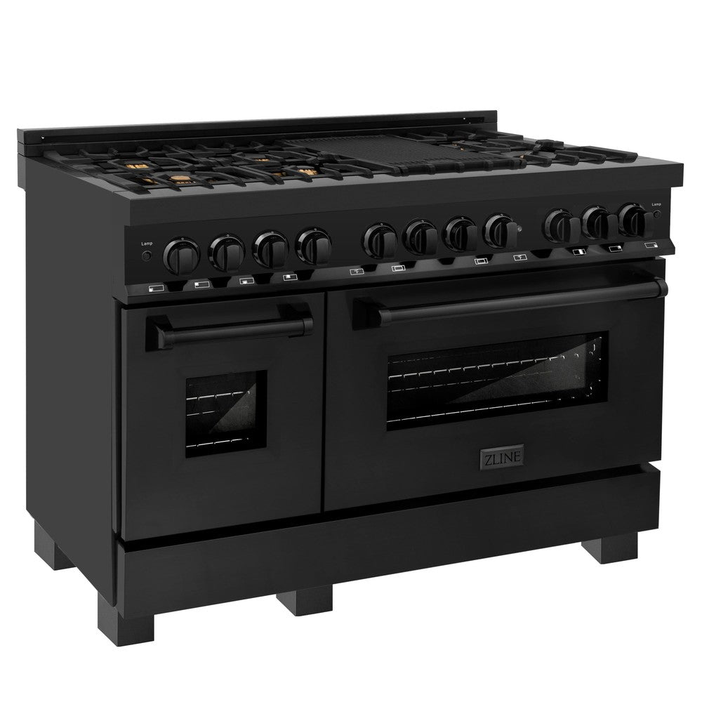 ZLINE 48-Inch 6.0 cu. ft. Dual Fuel Range with Gas Cooktop & 2 Electric Ovens - Black Stainless Steel with Brass Burners (RAB BR 48) | Professional Kitchen Appliance for Home Chefs & Cooking Enthusiasts