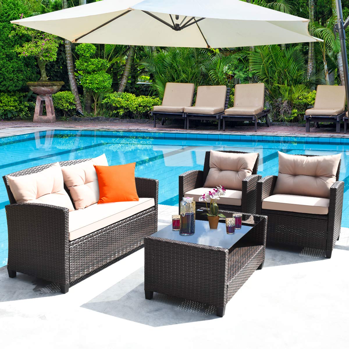HAPPYGRILL 4-Piece Rattan Wicker Patio Conversation Set with Loveseat, 2 Chairs & Coffee Table - Outdoor Indoor Furniture for Backyard, Porch, Garden, Poolside, Balcony - Perfect for Relaxing, Entertaining & Lounging