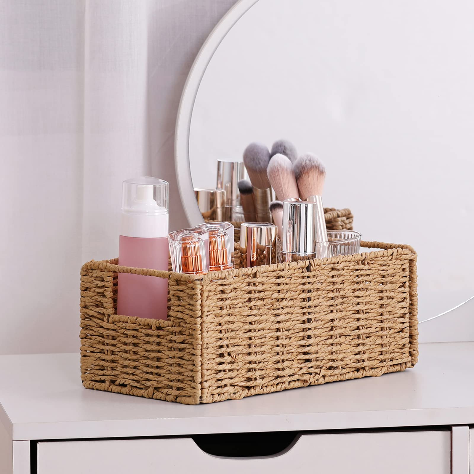 Vagusicc Set of 2 Hand-Woven Wicker Storage Baskets - Natural Foldable Paper Rope Organizer Bins for Shelves, Bathroom, Living Room & Bedroom | Perfect for Toilet Paper Storage, Home Organization & Decorative Storage Solutions