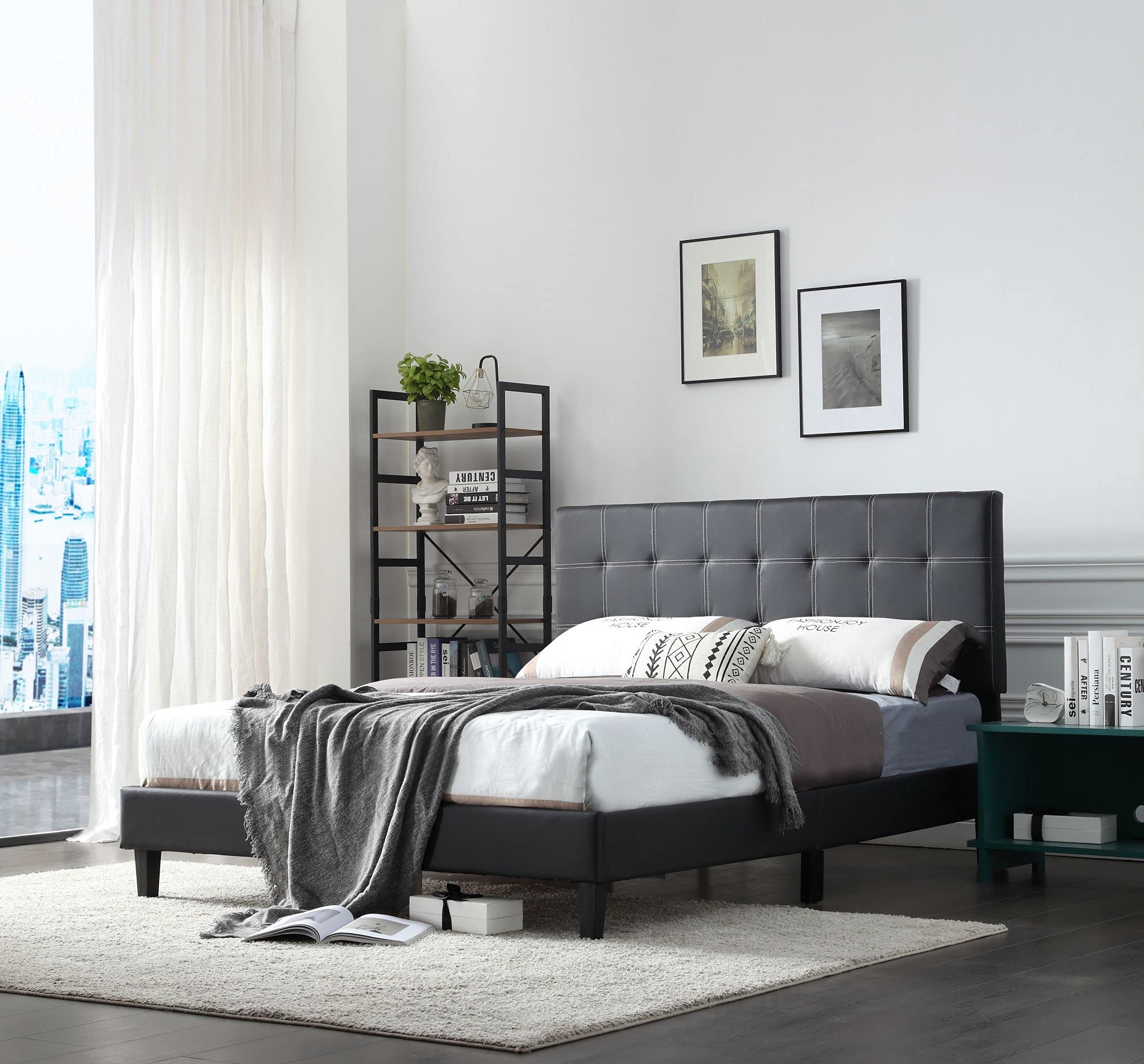 Modern Upholstered Queen Size Bed Frame with Headboard - Wood Slat Support Faux Leather Platform Bed - No Box Spring Needed - Easy Assembly (Black, Queen) - Perfect for Master Bedrooms, Guest Rooms & Small Apartments