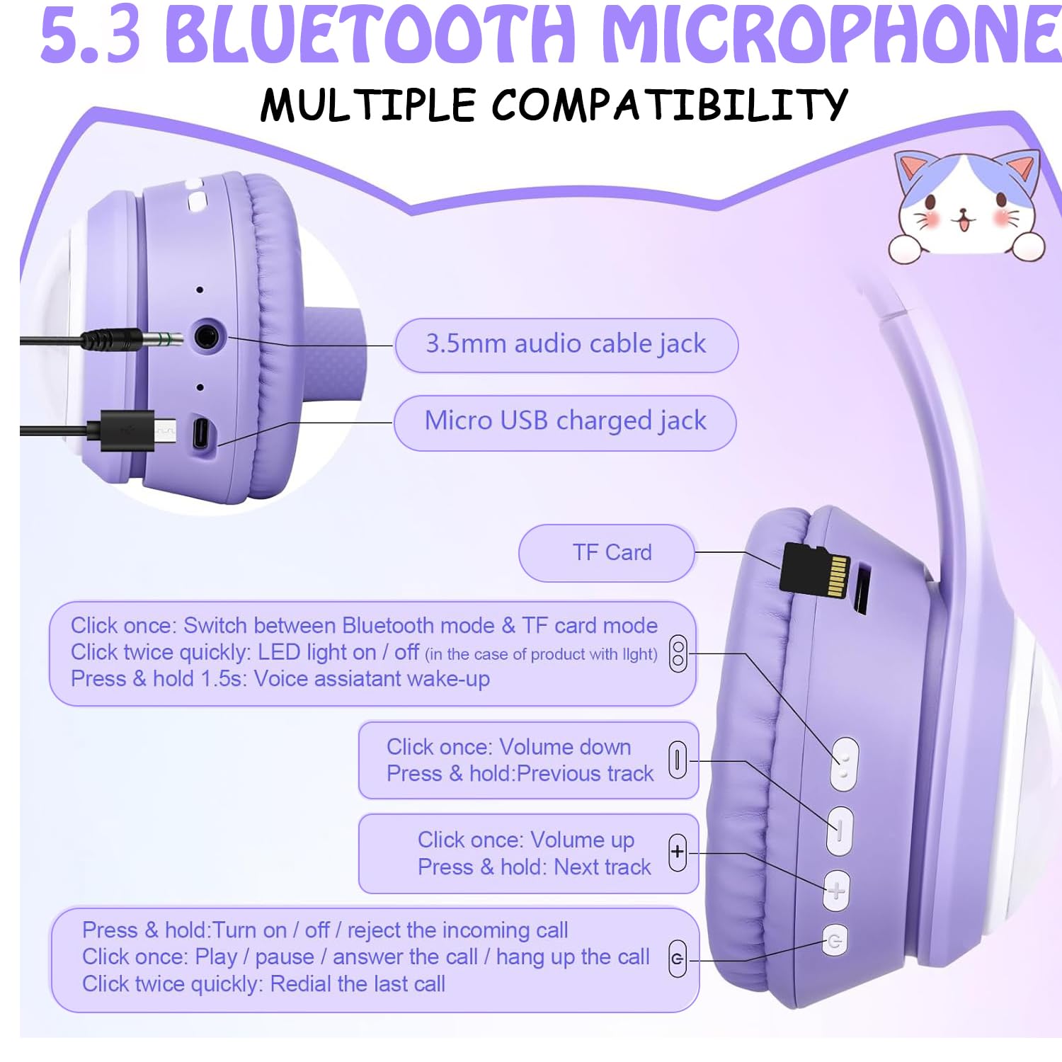 Wireless Cat Ear Headphones with RGB Lighting - Foldable On-Ear Stereo Bluetooth 5.3 Headset for Gaming, HD Mic, Compatible with Smartphones, PC & Tablet - Perfect for Cosplay, Streaming & Mobile Gaming