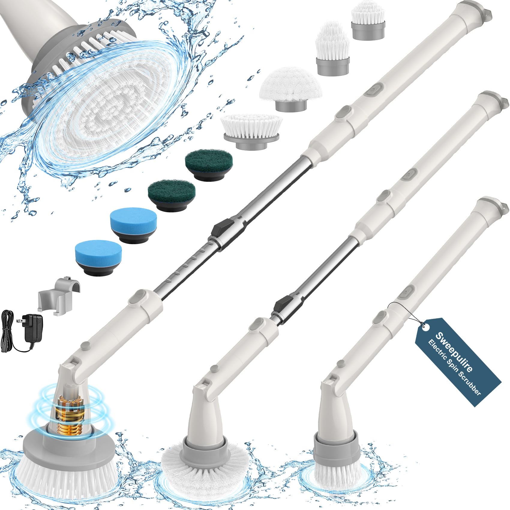 Electric Spin Scrubber SW1 - Cordless Shower Scrubber with Extendable Handle, 2 Speed Settings & 8 Brush Heads - Bathroom Cleaning Tool for Tubs, Tiles, Floors & Showers - Perfect for Deep Cleaning Grout and Hard-to-Reach Areas