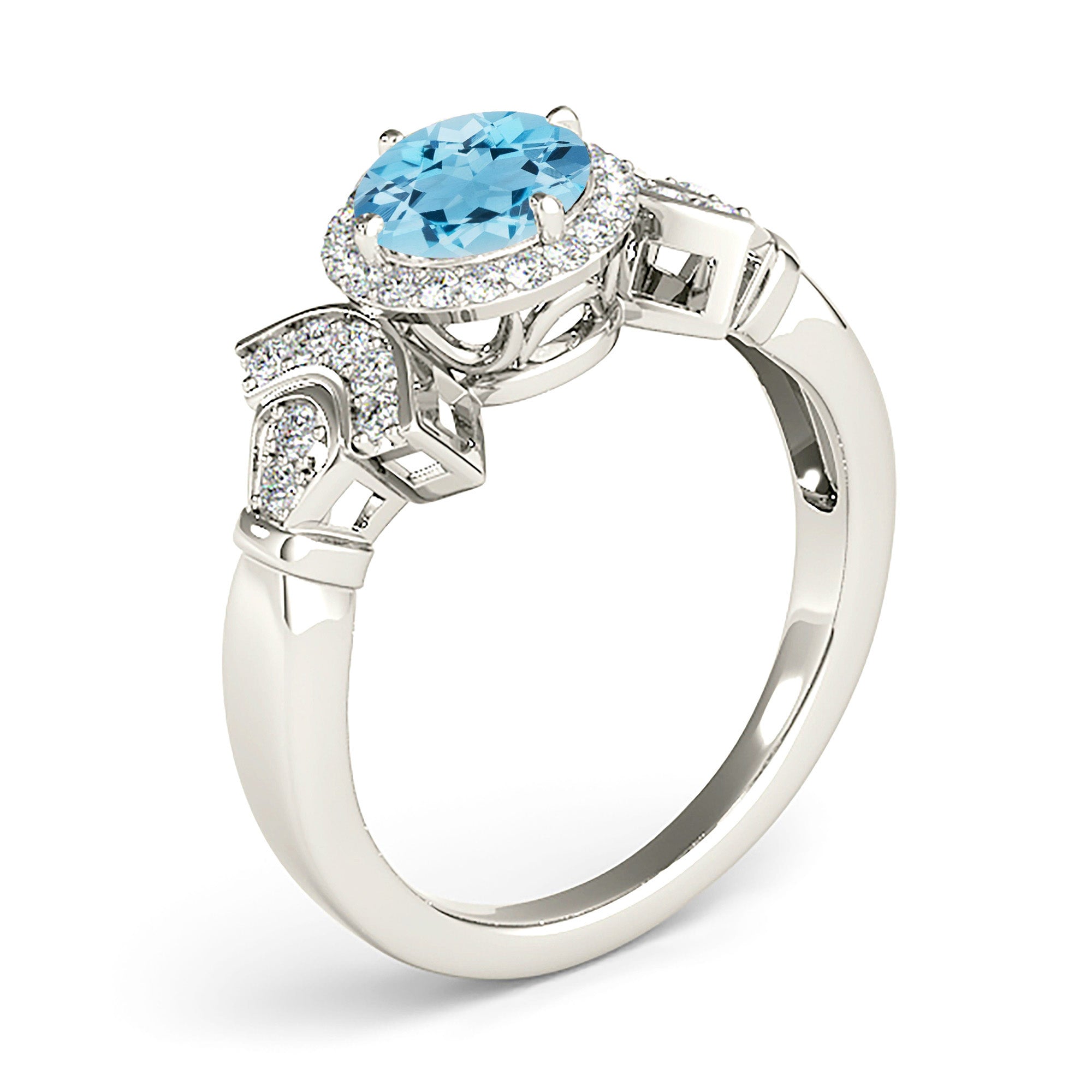 1.65 Carat Genuine Aquamarine Halo Ring with Diamond Accent Band - Elegant Wedding, Engagement & Anniversary Jewelry Gift for Women