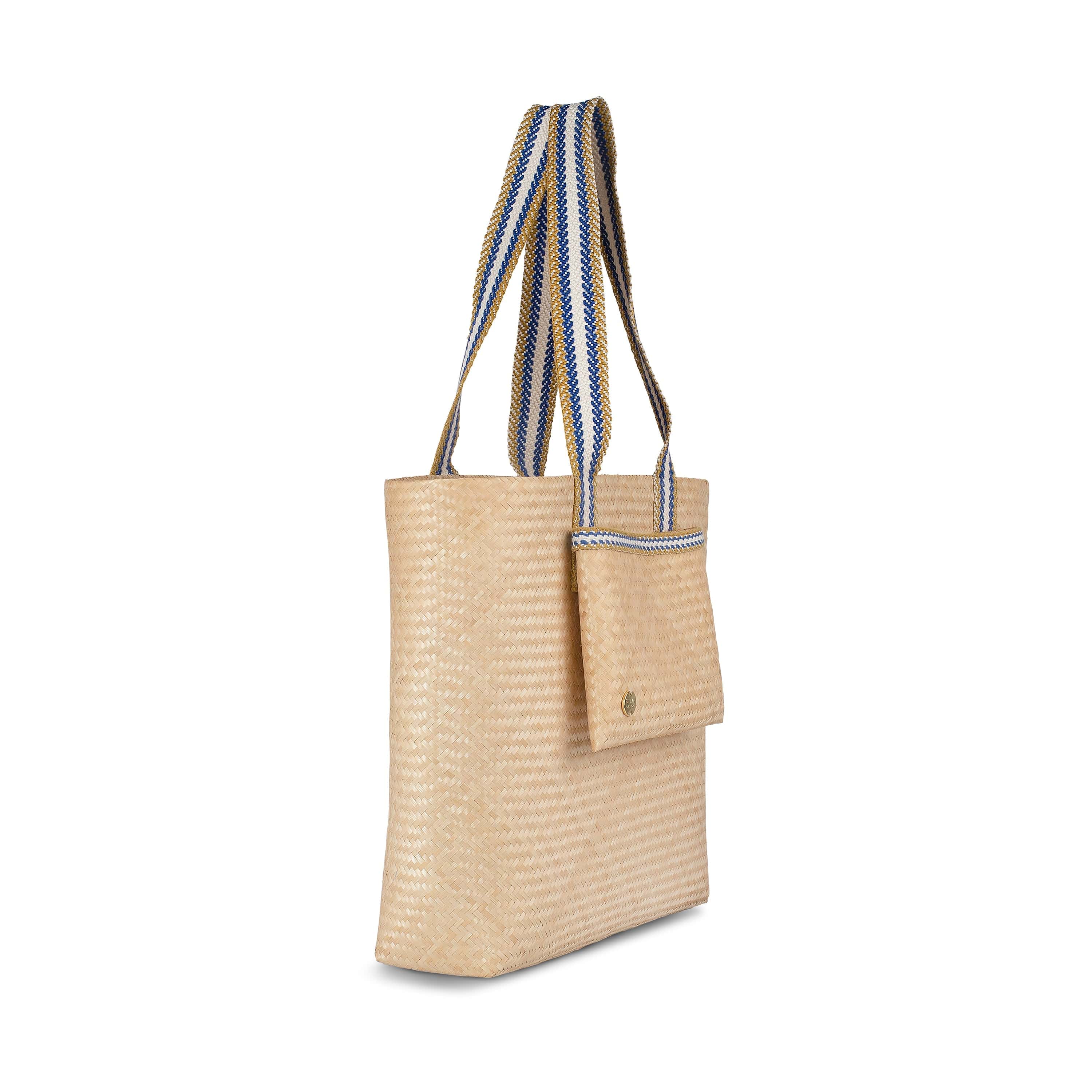 Lembata Bamboo Small Shopper Bag - Eco-Friendly Reusable Tote with Neutral & Blue Stripe Design - Perfect for Grocery Shopping, Beach Trips and Daily Use