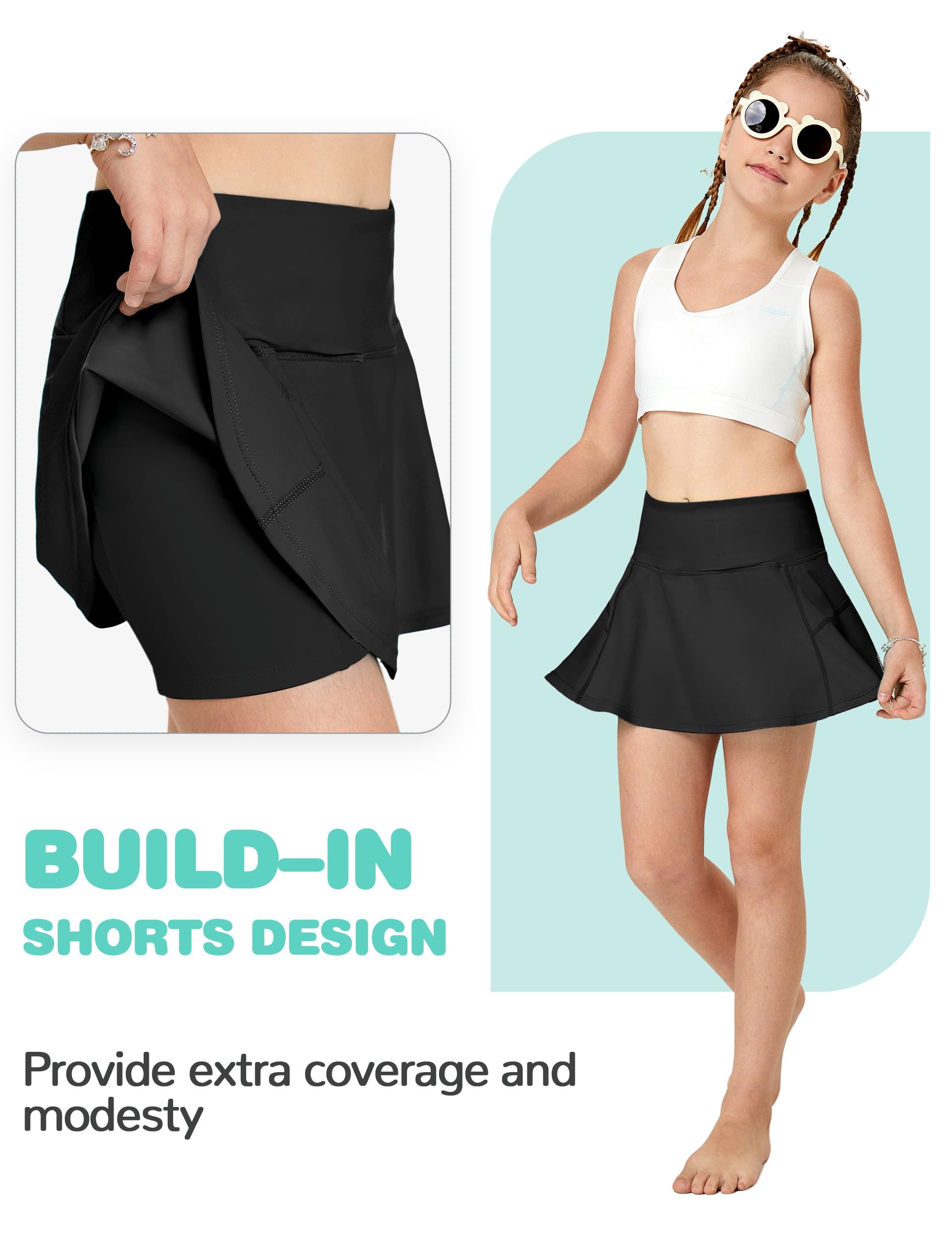 FitsT4 UPF 50+ Girls Swim Skirts with Pockets - Quick Dry Bathing Skort for Kids, Surfing, Beach Volleyball & Pool Play