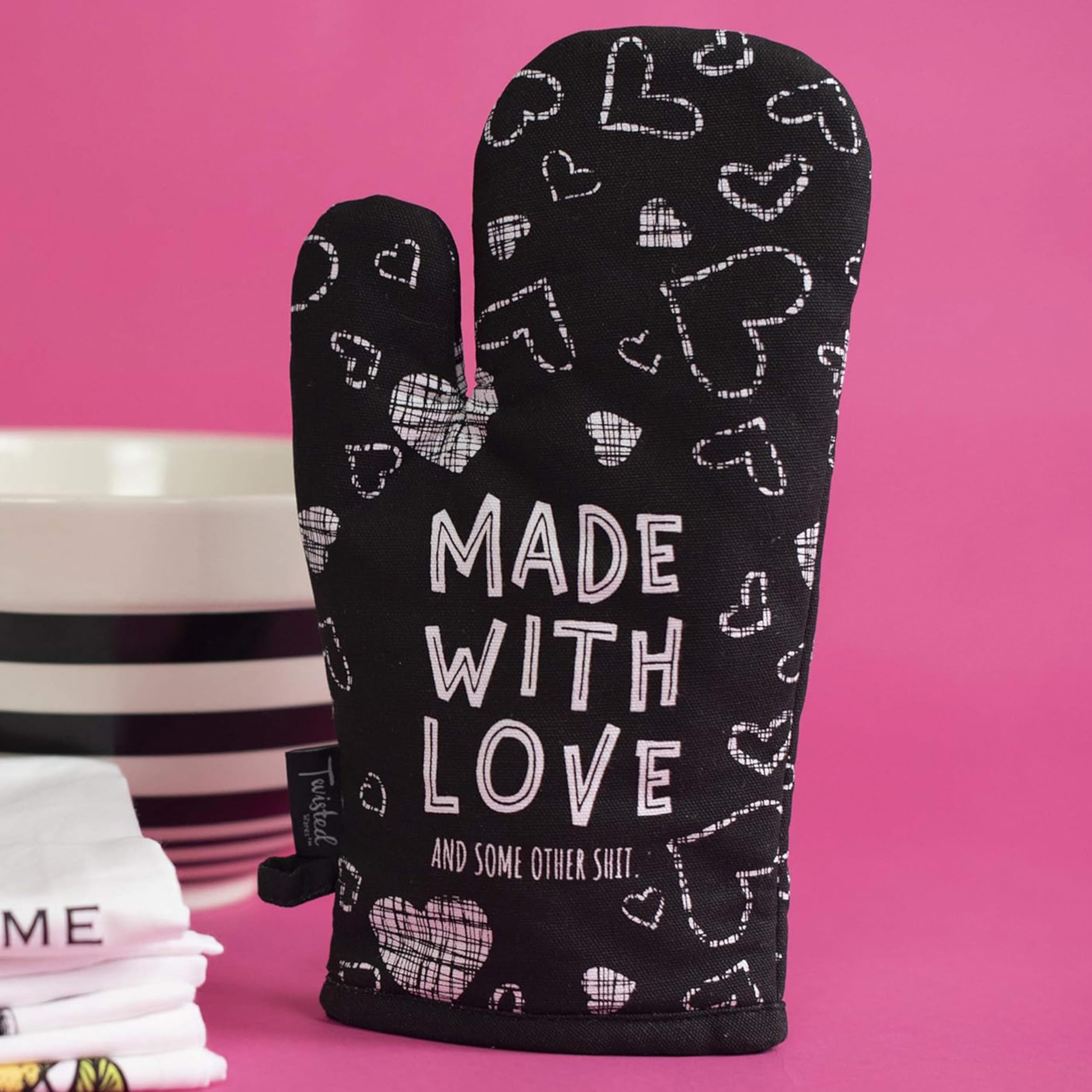 Twisted Wares Funny Oven Mitts with Sayings - Cotton Canvas Pot Holder, Made with Love - Perfect Kitchen Gifts for Adults, Hostess, and Cooking Enthusiasts - Ideal for Baking, Grilling, and Holiday Cooking