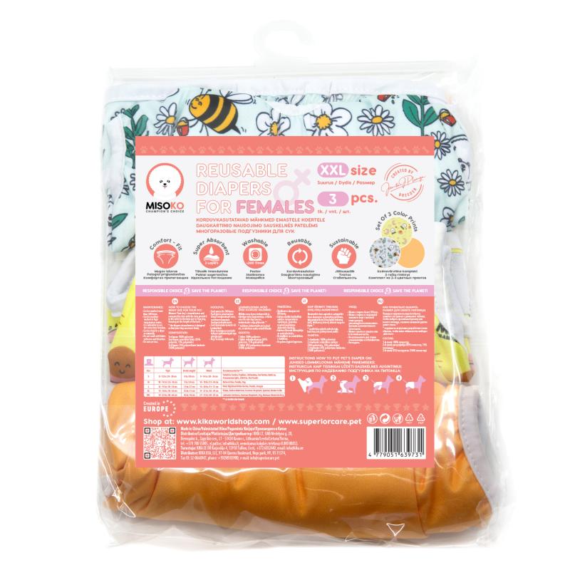 Misoko Reusable Dog Diapers for Female Dogs - Sweet Dream Washable Pet Diaper Set (3 Pack) - Perfect for Incontinence, Heat Cycles & Travel