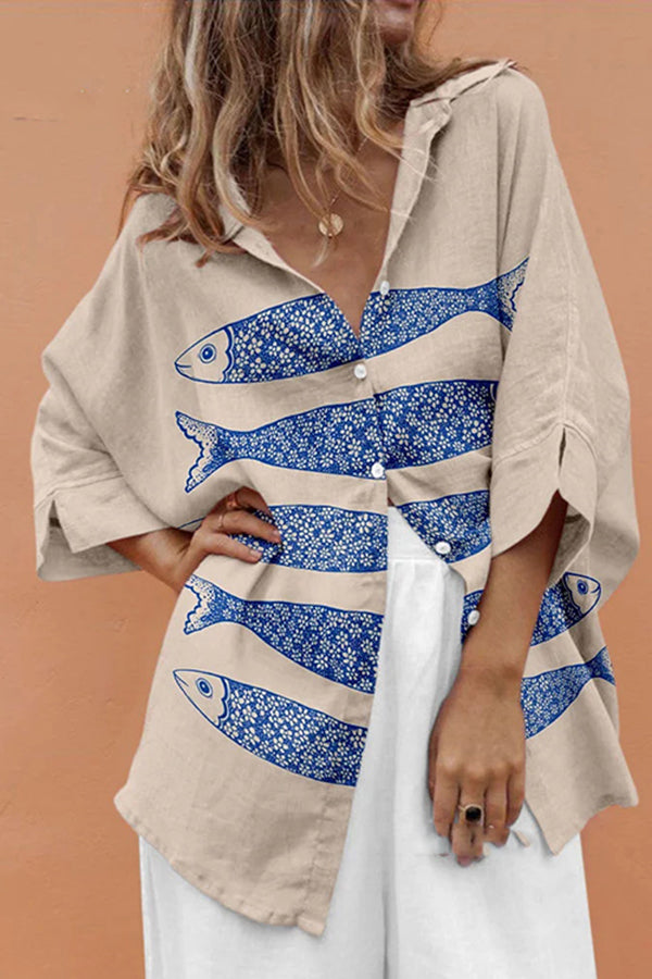 Stylish Marine Print Casual Loose Shirt Top for Women - Beachwear, Summer Vacation & Boho Outfit