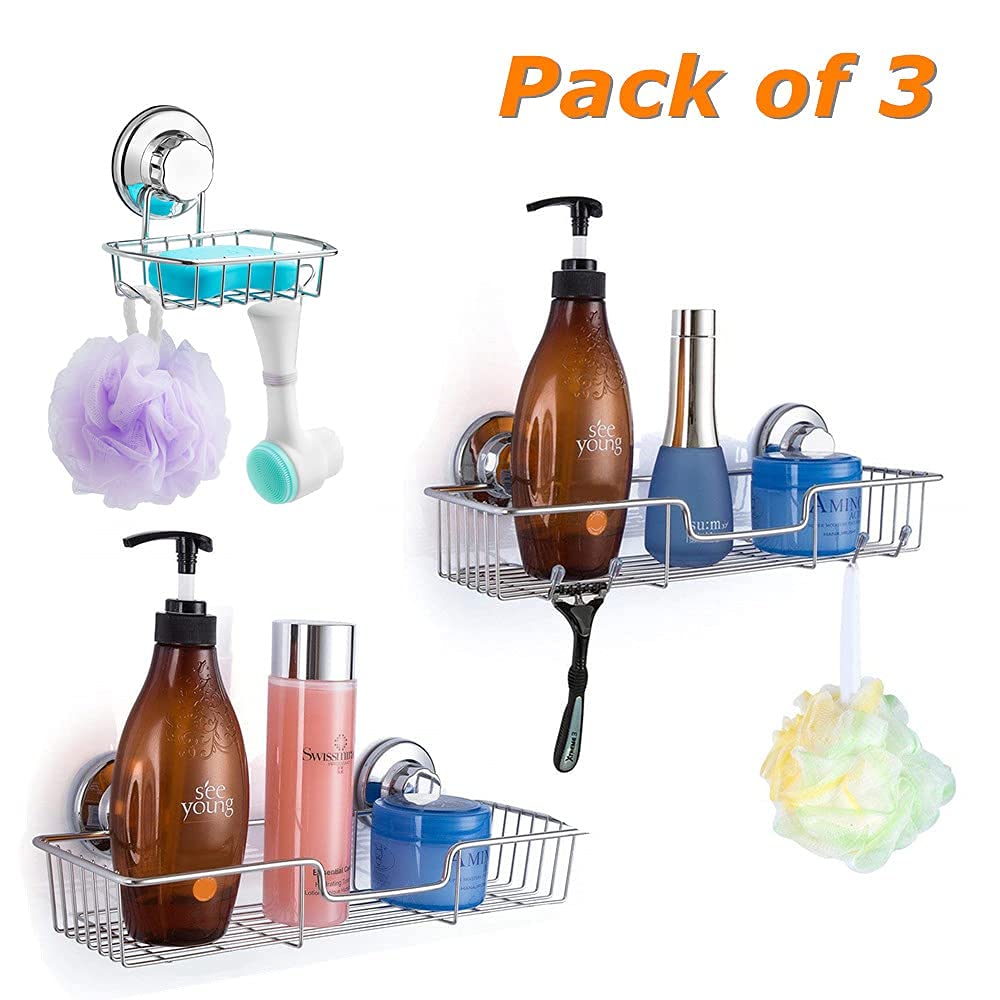 SANNO Heavy Duty Suction Cup Shower Caddy - Rustproof Bathroom Organizer with Deep Storage Basket for Shampoo, Soap & Toiletries - Perfect for Small Bathrooms, Apartments & Dorm Showers