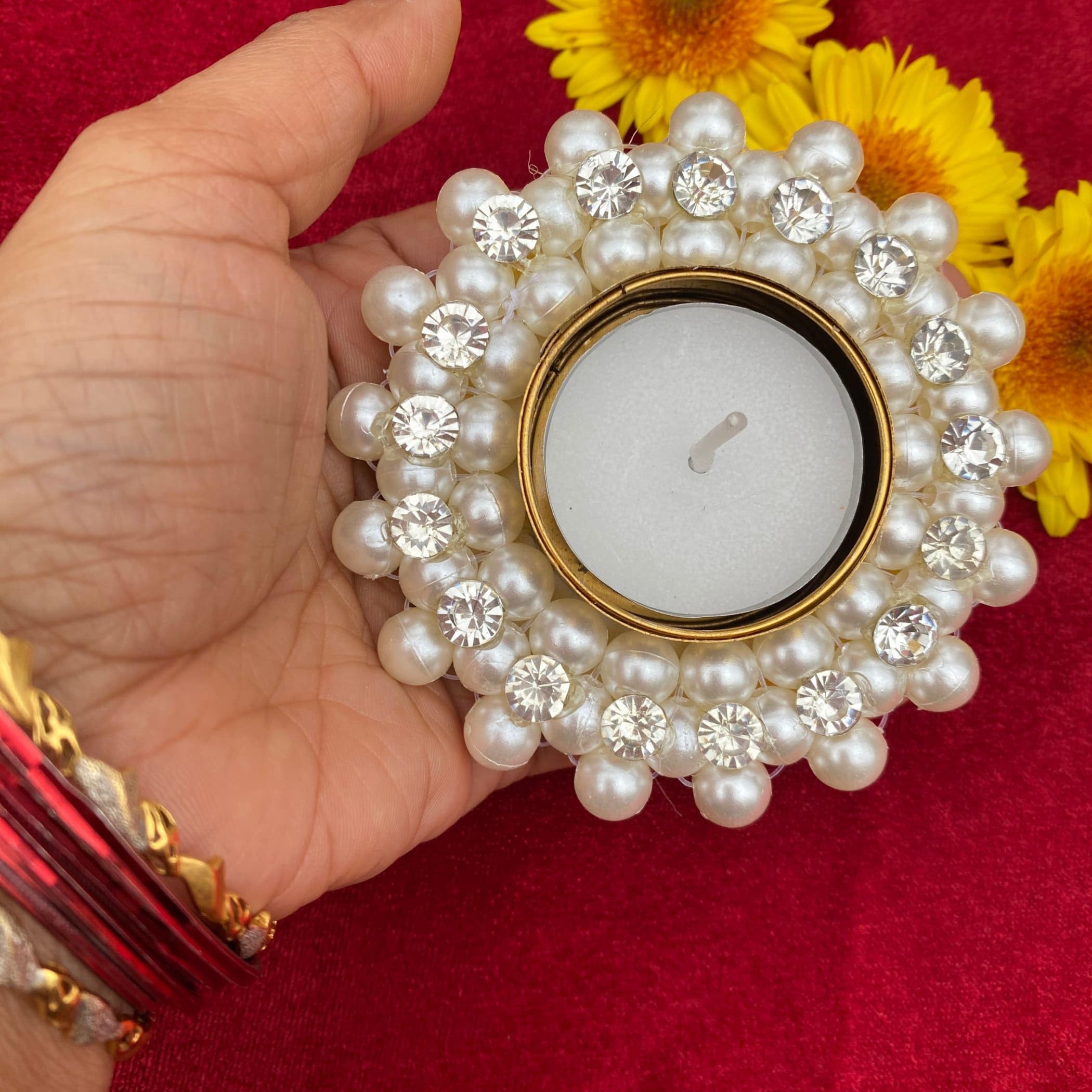 LOVENSPIRE Pearl Tealight Candle Holder - Elegant Decorative T-Light for Diwali, Thanksgiving, Hanukkah - Perfect for Centerpiece, Dining Table, Home Decor - Ideal for Festivals, Romantic Dinners & Holiday Celebrations