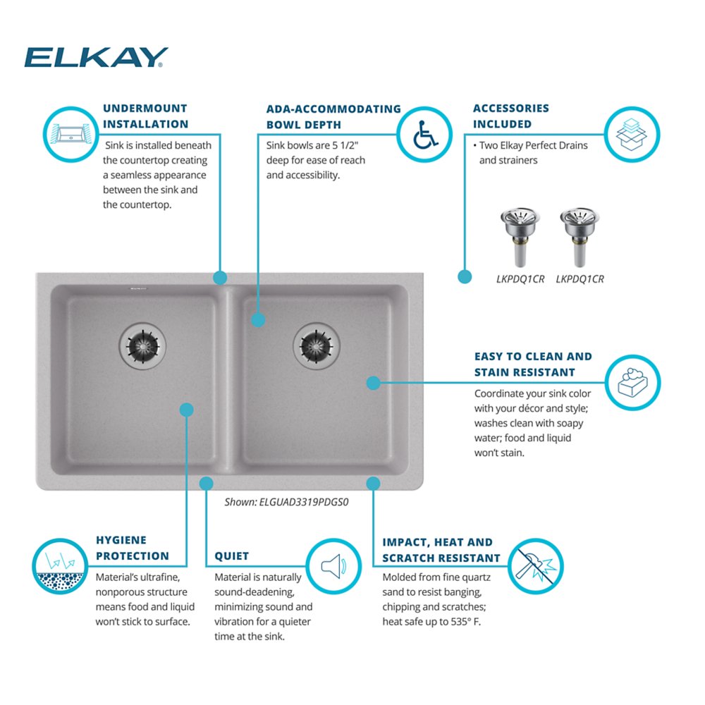 Elkay Quartz Classic 33 x 18.5 x 5.5 Inch Undermount ADA Compliant Kitchen Sink with Perfect Drain - Ideal for Modern Homes & Commercial Kitchens