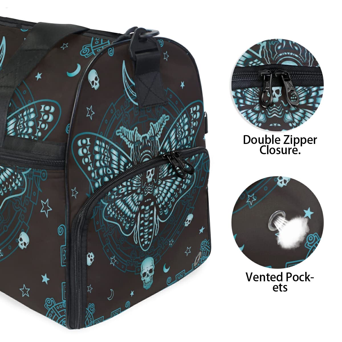 Butterfly Skull Mystical Design Travel Duffel Bag - Waterproof Gym Bag for Men & Women with Adjustable Strap - Perfect for Sports, Travel, Overnight Trips & Workout Sessions