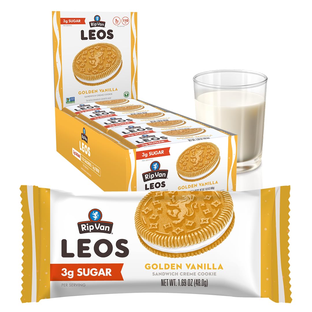 Rip Van LEOs Golden Vanilla Sandwich Cookies - Low Sugar, Low Carb, Keto & Diabetic Friendly Snacks - 40 Cookies (10 Packs of 1.69oz) - Perfect for Office, School Lunch & Healthy On-the-Go Snacking