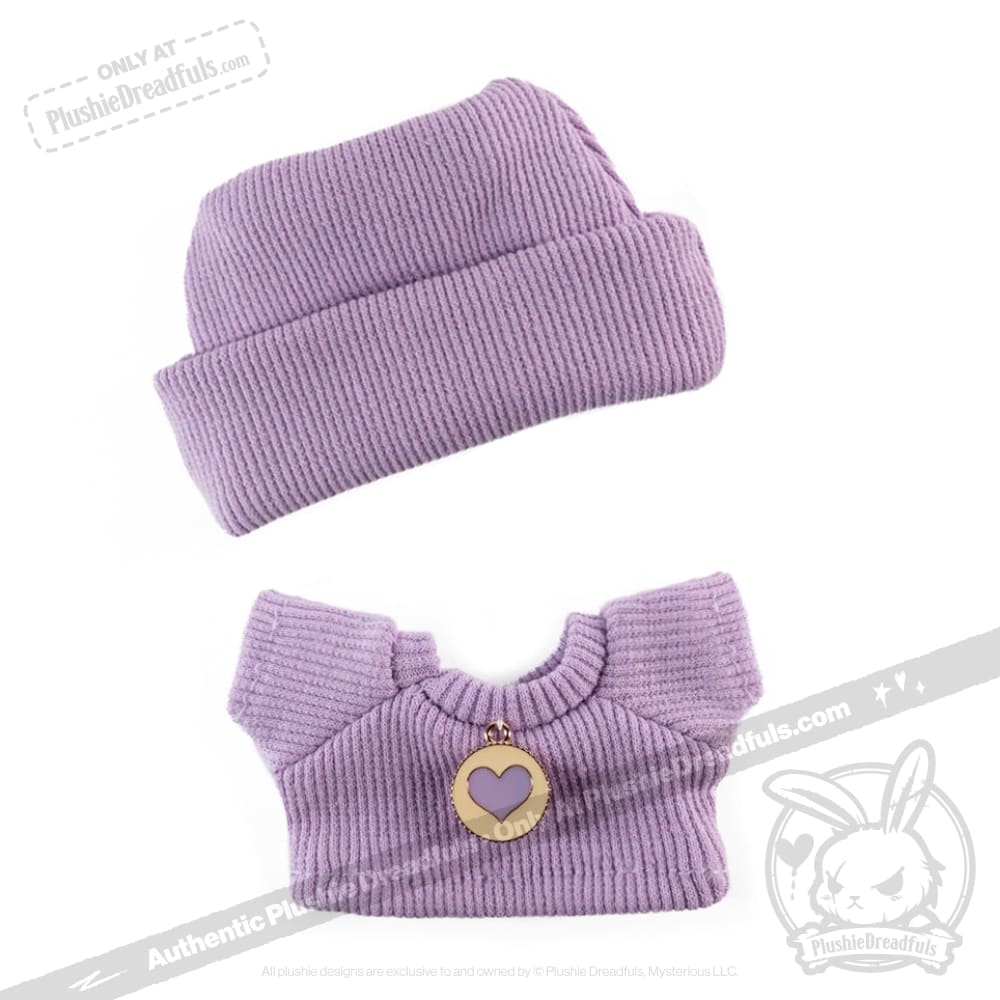 Adorable Mini Plush Outfit - Soft Purple Sweater & Matching Beanie Set for Stuffed Animals | Perfect for Doll Dressing, Gift Giving & Photo Props