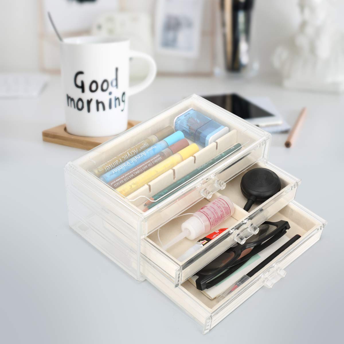 Acrylic Jewelry Organizer Box with 3 Drawers & Adjustable Velvet Trays - Clear Cosmetic Storage Case for Earrings, Rings & Makeup | Perfect for Vanity, Travel & Gift Giving