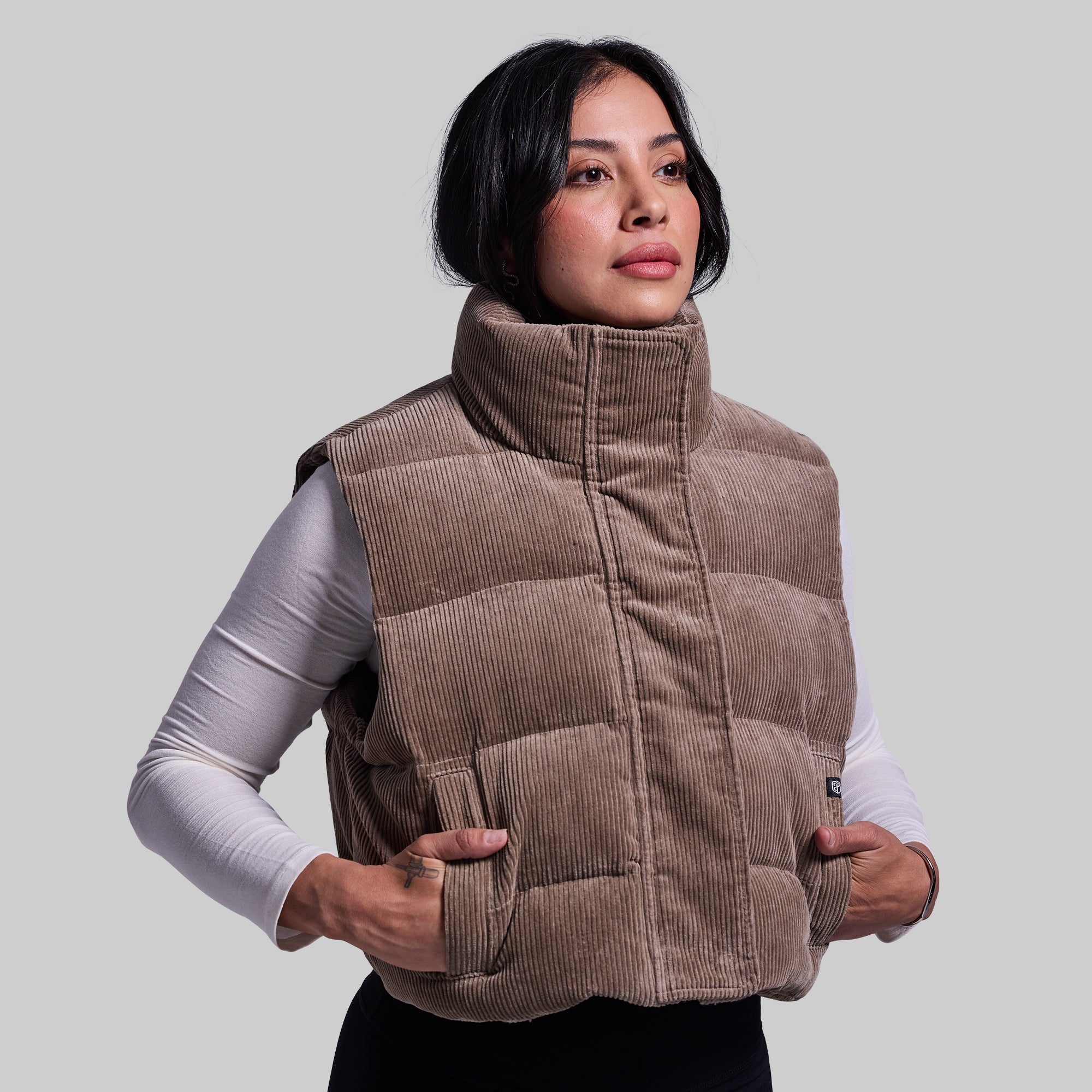 Fireside Cropped Corduroy Puffer Vest for Women - Winter Warm Fleece Lined Jacket (Elephant Gray) - Perfect for Outdoor Hiking, Camping & Casual Streetwear Fashion