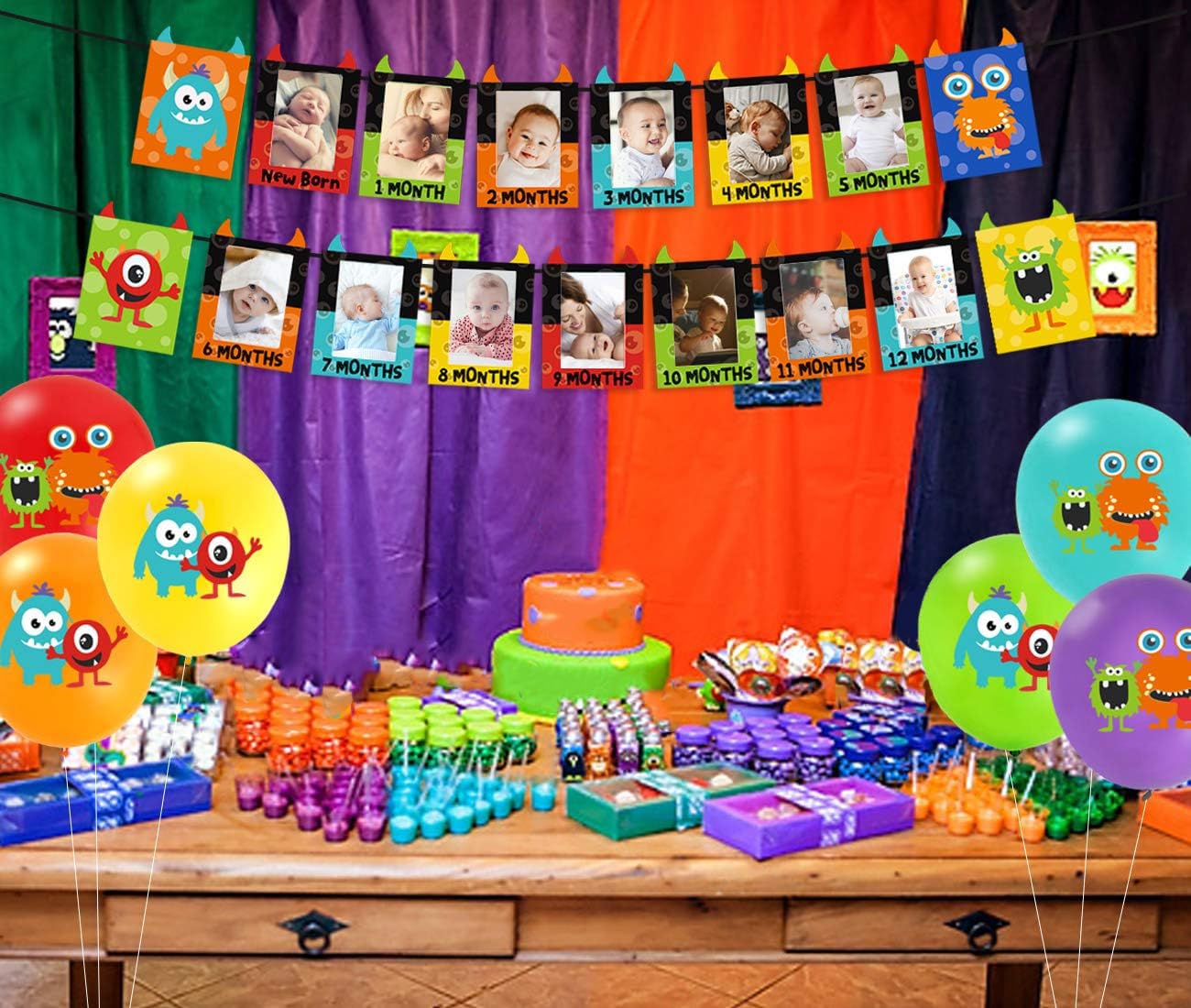 Monster 1st Birthday Party Decorations Kit - Photo Banner, Balloons & Cupcake Toppers for Baby Boy/Girl Birthday Supplies | Perfect for Monster Themed Birthday Parties, Baby Showers & Nursery Decor