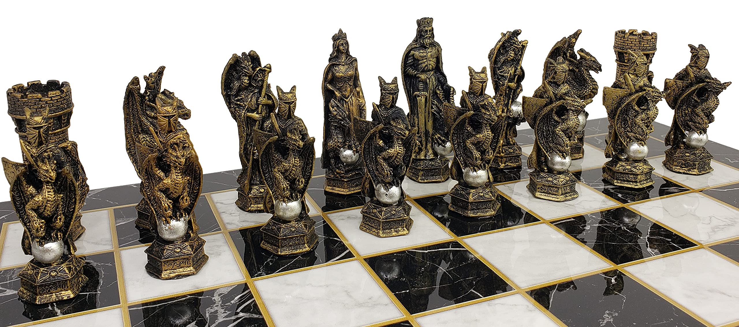 Medieval King Arthur Dragon Chess Set - 17 Inch Black Faux Marble Board | Collectible Fantasy Chess Game for Home Decor, Gift & Game Night