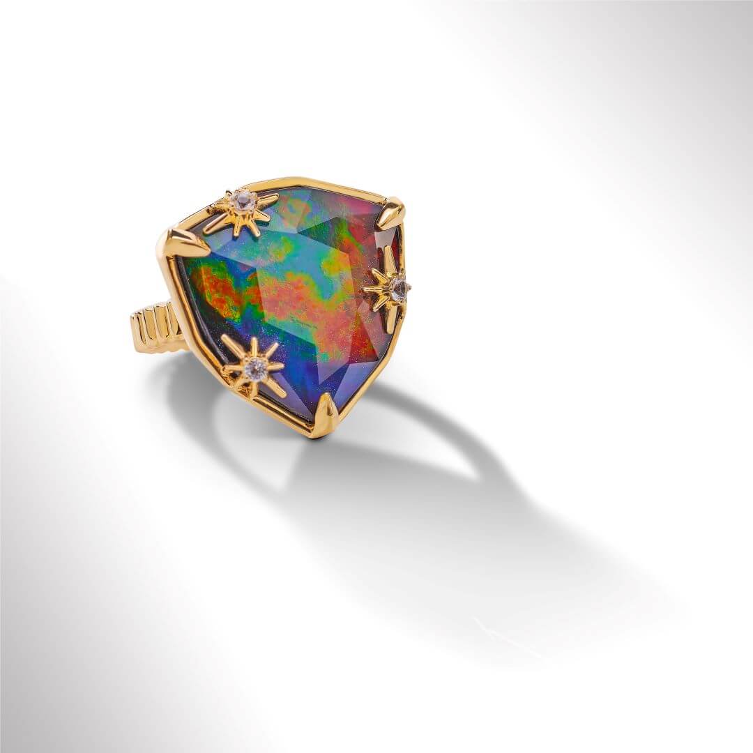 18K Gold Vermeil Ammolite Ring with White Topaz - Starlight Trillion Cut Gemstone Jewelry for Women, Gift for Anniversary, Birthday & Special Occasions