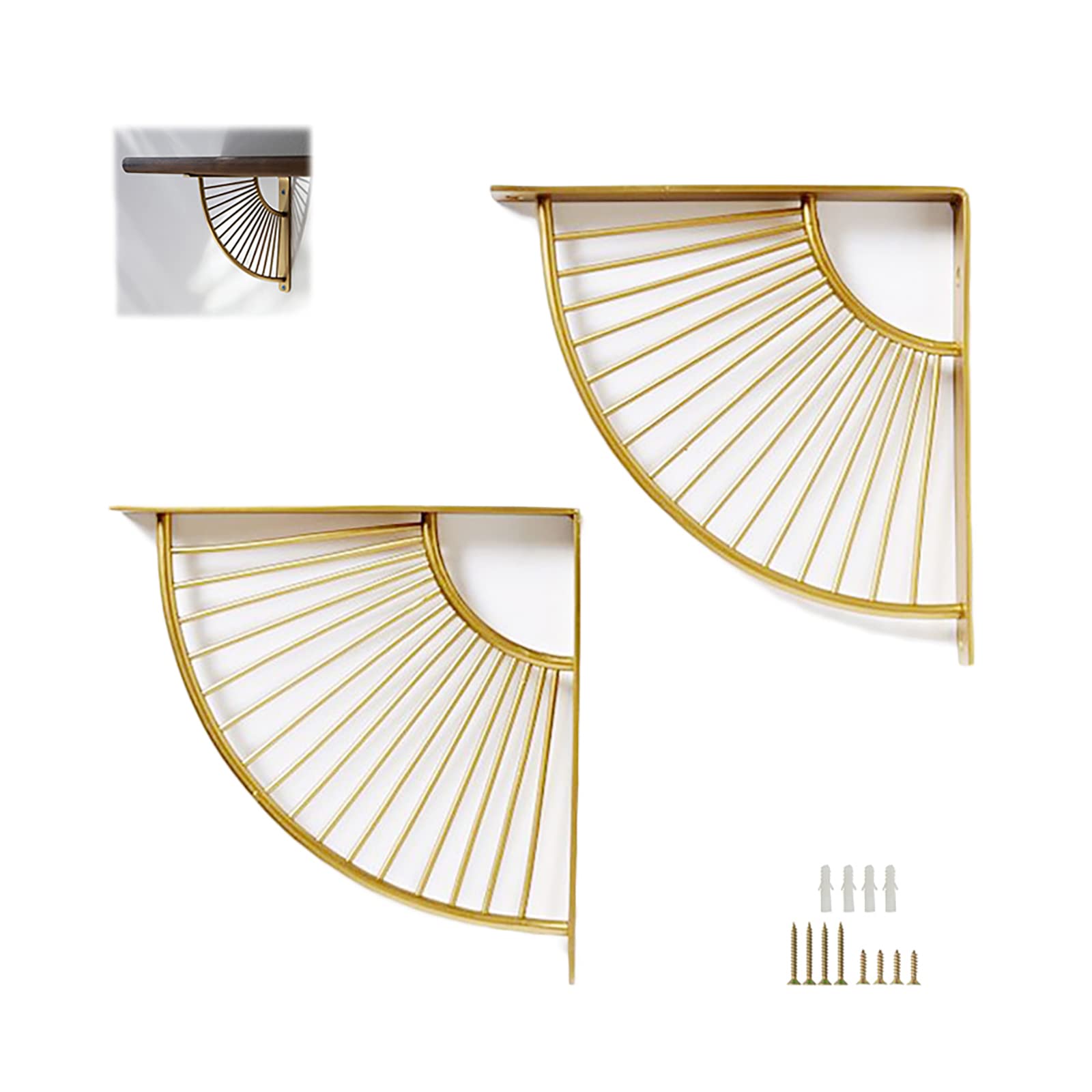 2Pcs Heavy Duty Metal Fan-Shaped Floating Shelf Brackets - Gold Wall Mounted Corner Braces for Right Angle Shelf Support (15cm/6in) - Perfect for Home Decor, Bookshelf Display & Bathroom Storage