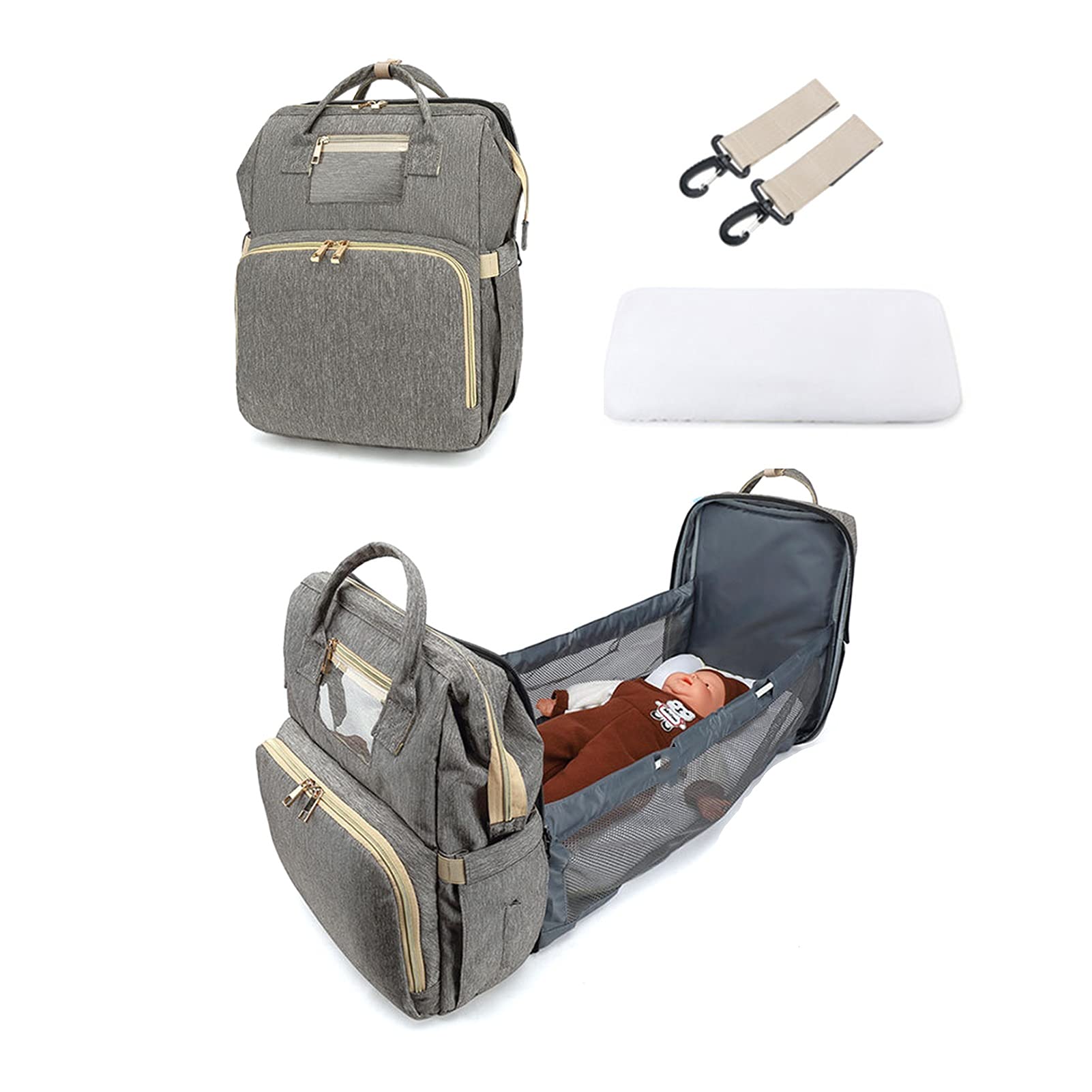 **YYL Large Waterproof Diaper Backpack with Changing Station - Foldable Travel Crib, Stroller Straps & Bassinet Pad - Spacious Baby Bag for On-the-Go Parents (Perfect for Travel, Daycare & Outdoor Adventures)**