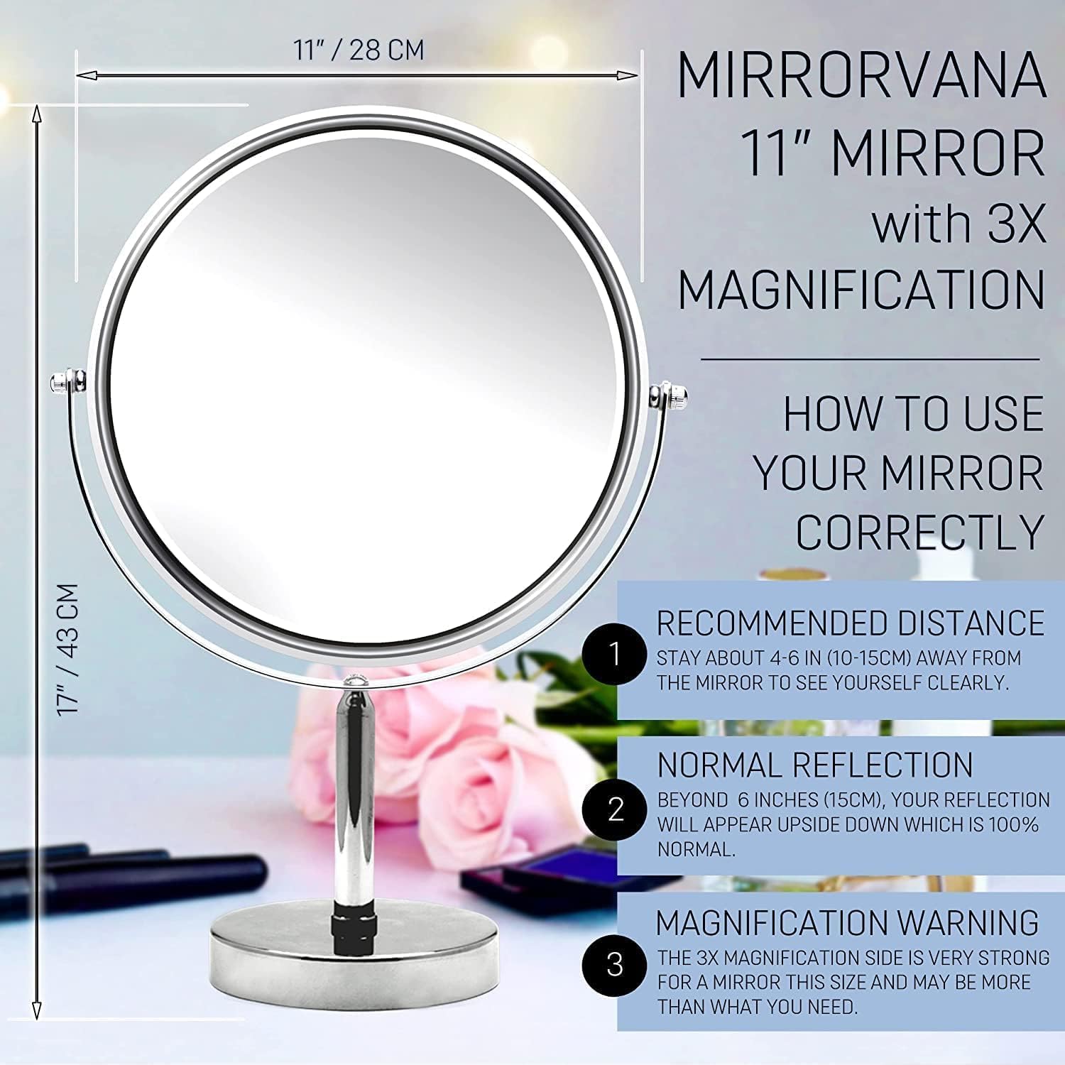 XXLarge Oversized 3X Magnifying Mirror with Stand - Double Sided 3X/1X Magnification - 17